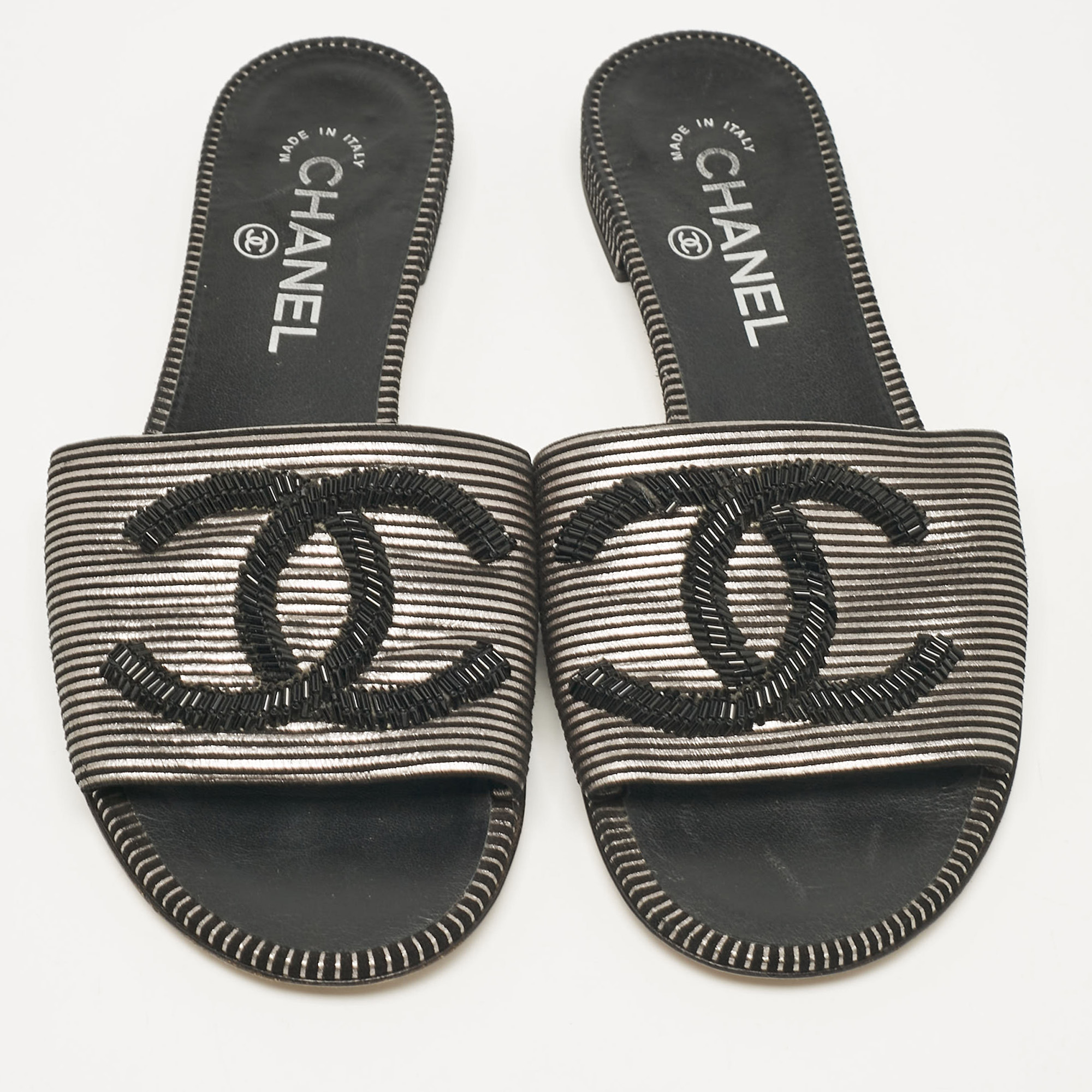 Chanel Black Leather And Suede CC Flat Slides Size 37.5