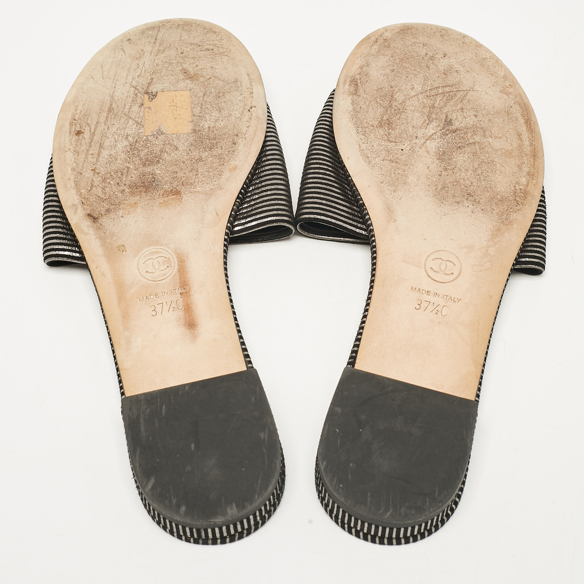 Chanel Black Leather And Suede CC Flat Slides Size 37.5