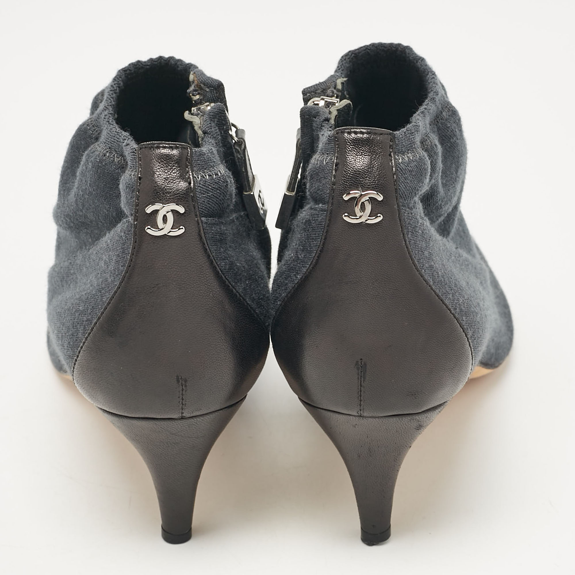 Chanel Grey/Black Fabric And Leather Booties Size 37