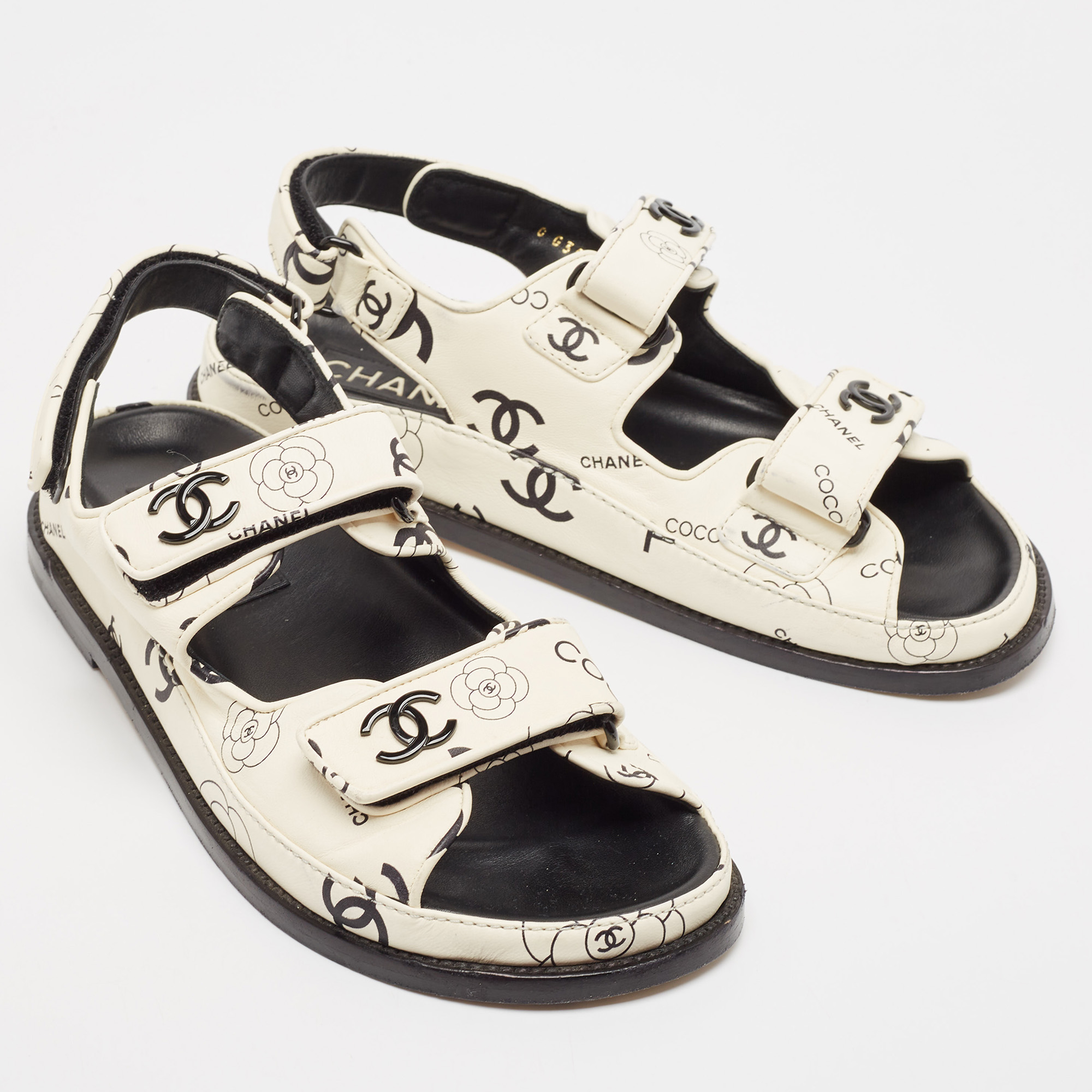 Chanel Cream/Black CC Leather Dad Flat Sandals Size 38