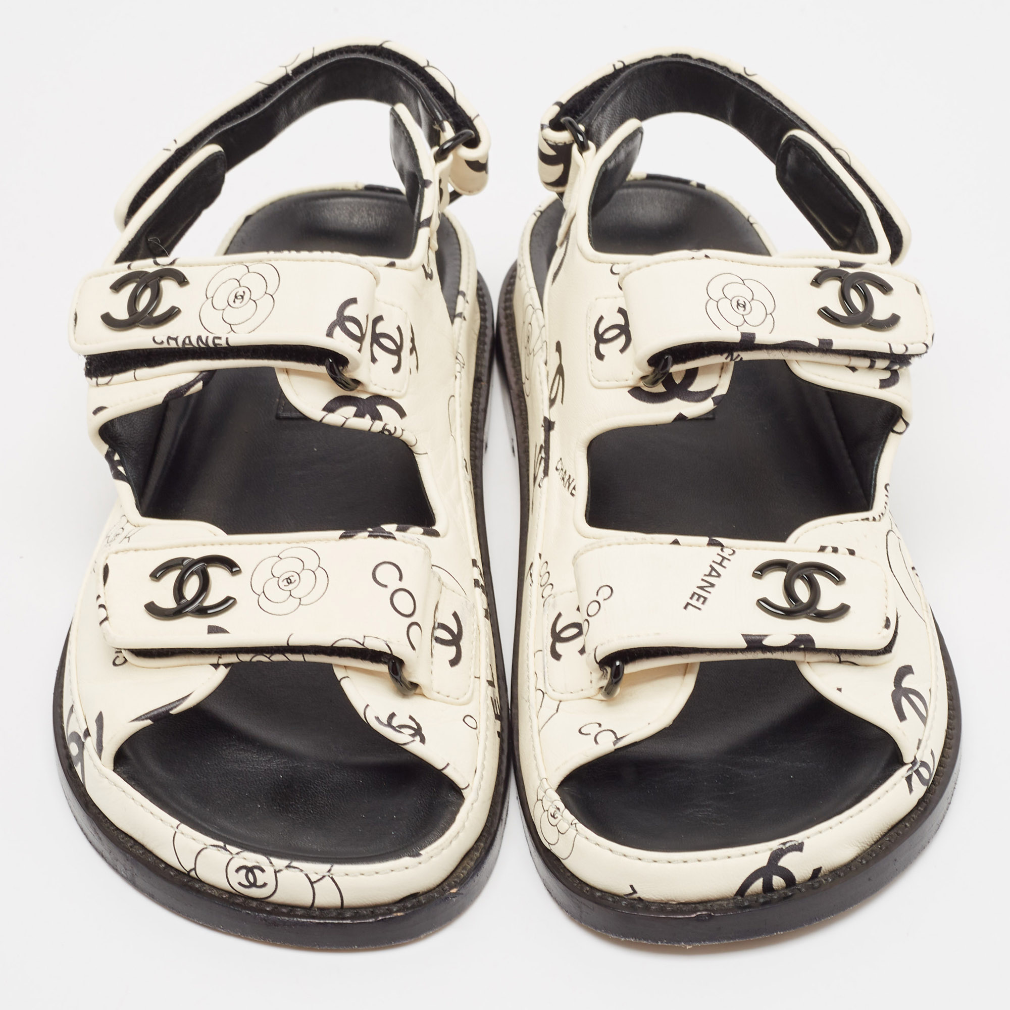 Chanel Cream/Black CC Leather Dad Flat Sandals Size 38