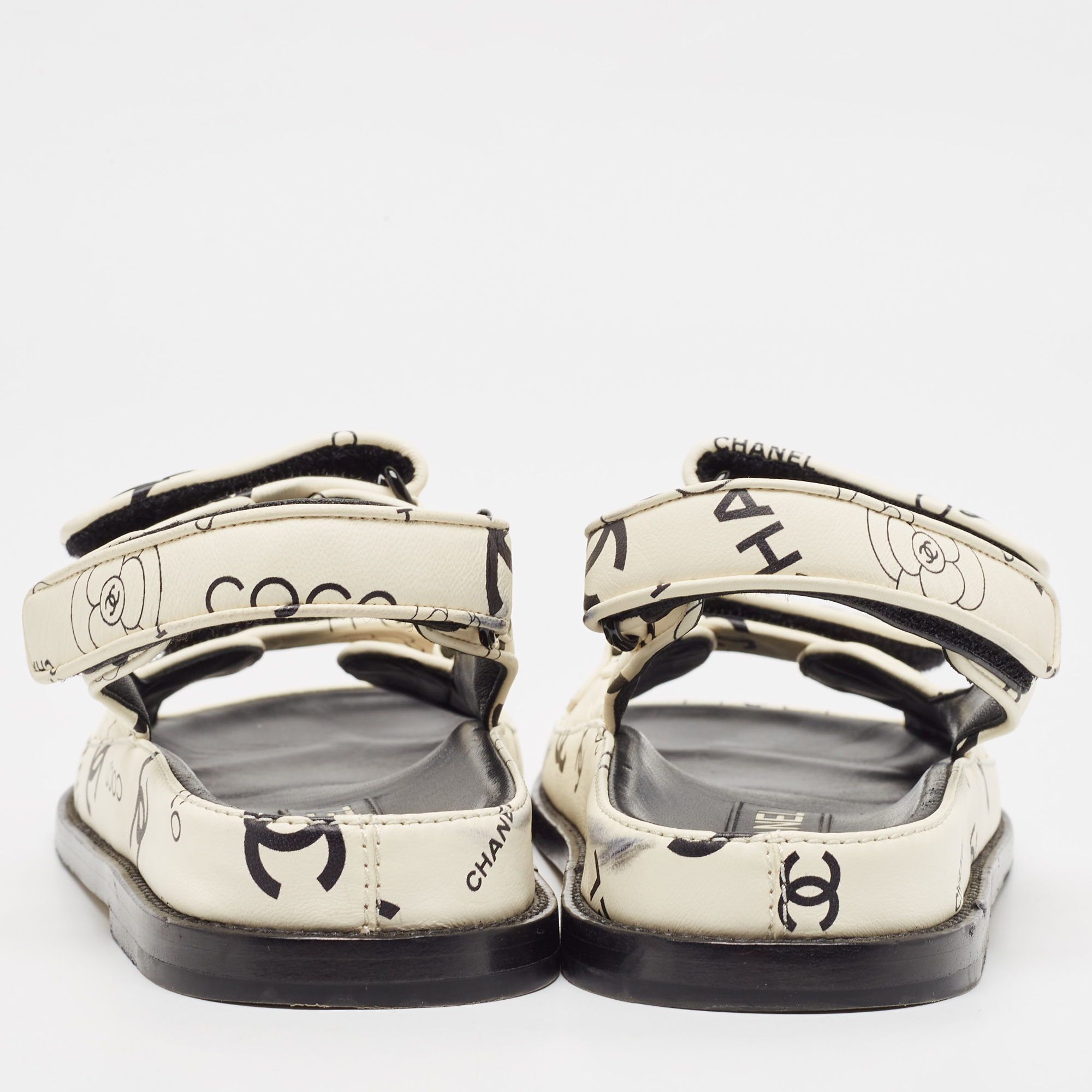 Chanel Cream/Black CC Leather Dad Flat Sandals Size 38