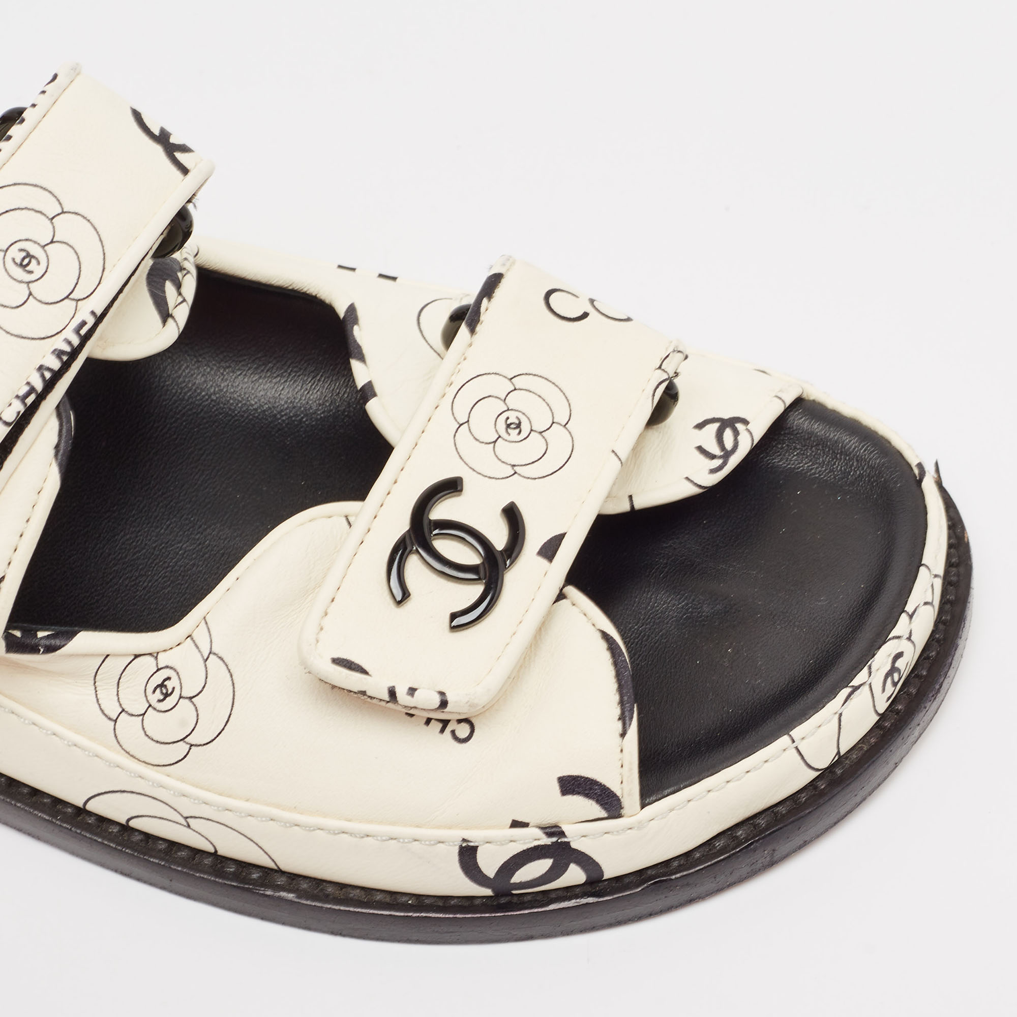 Chanel Cream/Black CC Leather Dad Flat Sandals Size 38