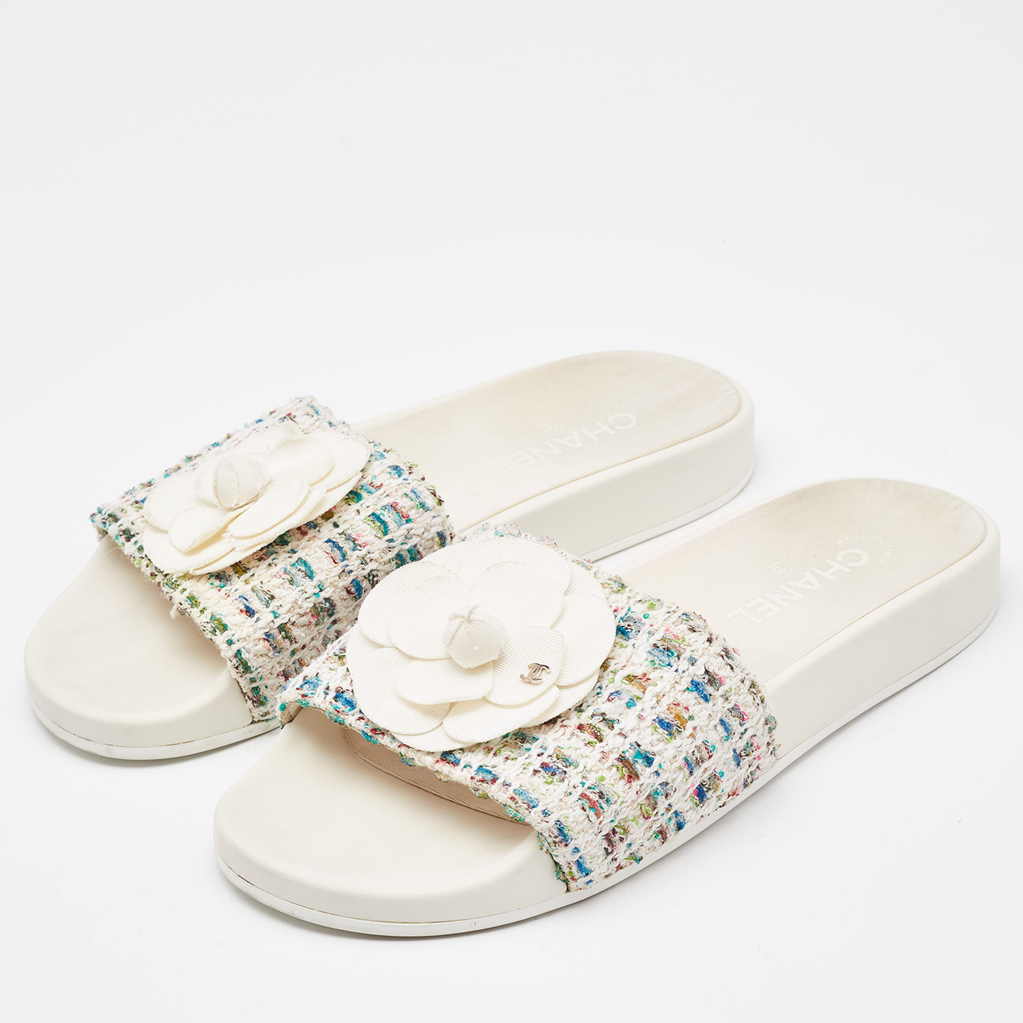 Chanel Multicolor Camellia Tweed CC  Flat Slides Size 40