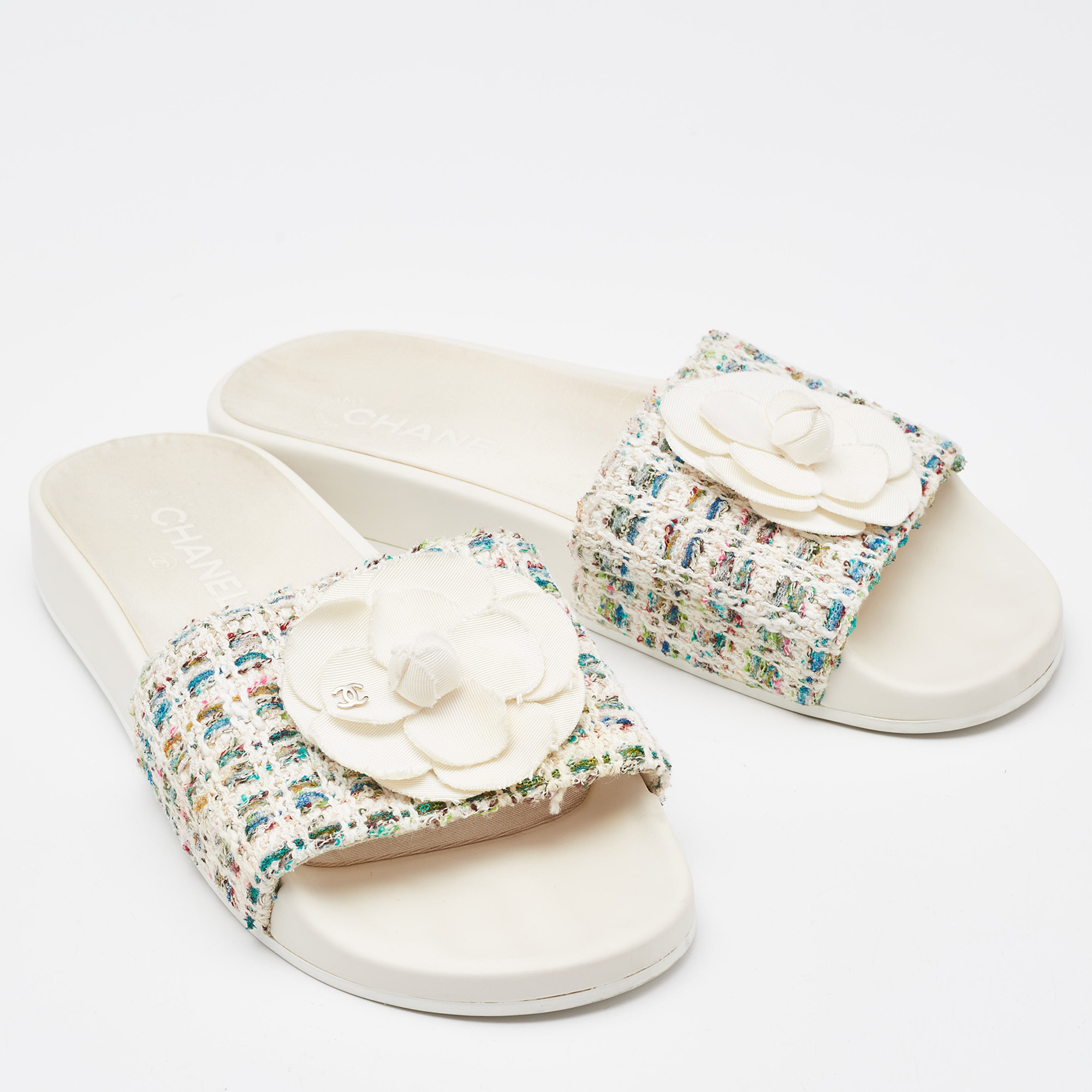 Chanel Multicolor Camellia Tweed CC  Flat Slides Size 40