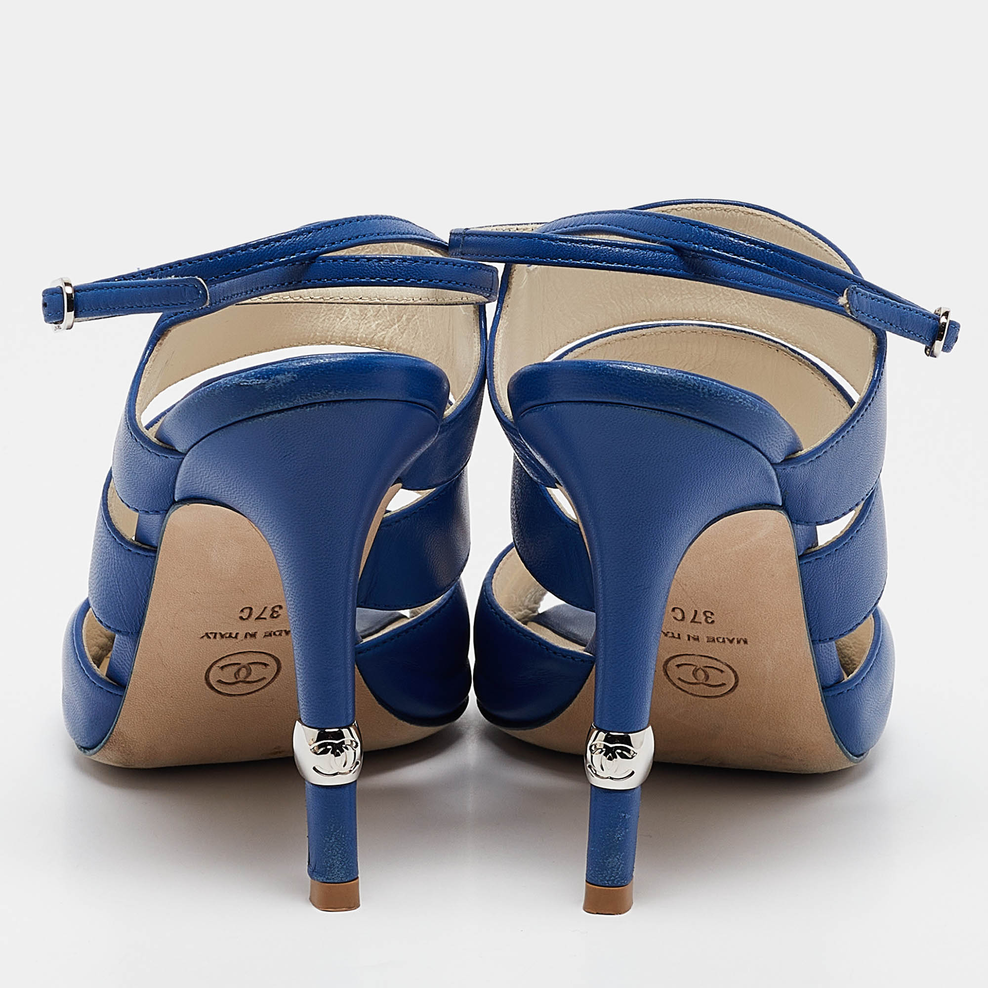 Chanel Blue Leather Ankle Strap Sandals Size 37