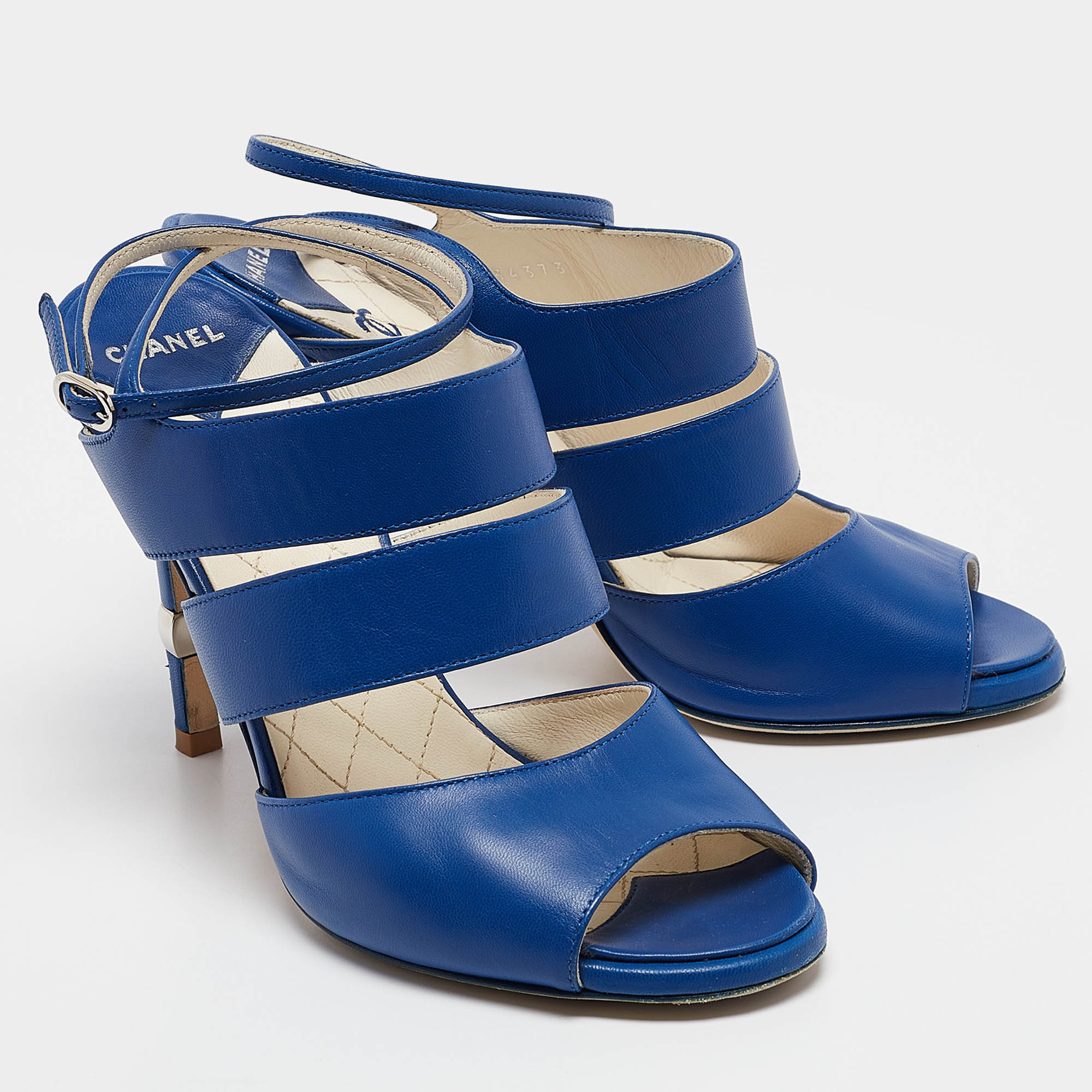 Chanel Blue Leather Ankle Strap Sandals Size 37