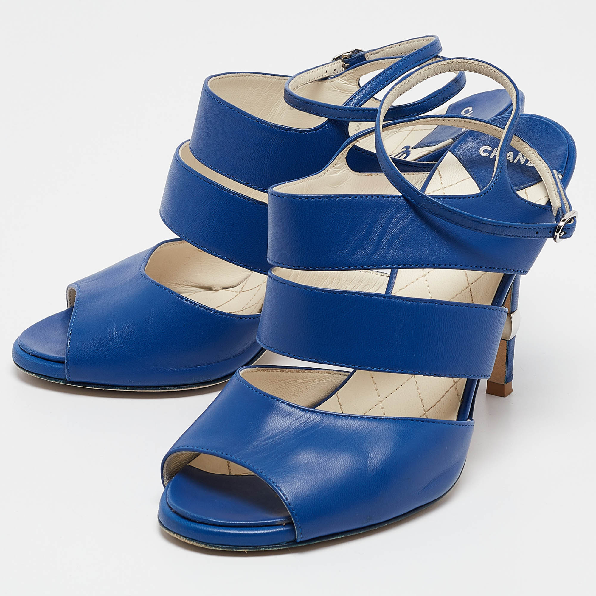 Chanel Blue Leather Ankle Strap Sandals Size 37