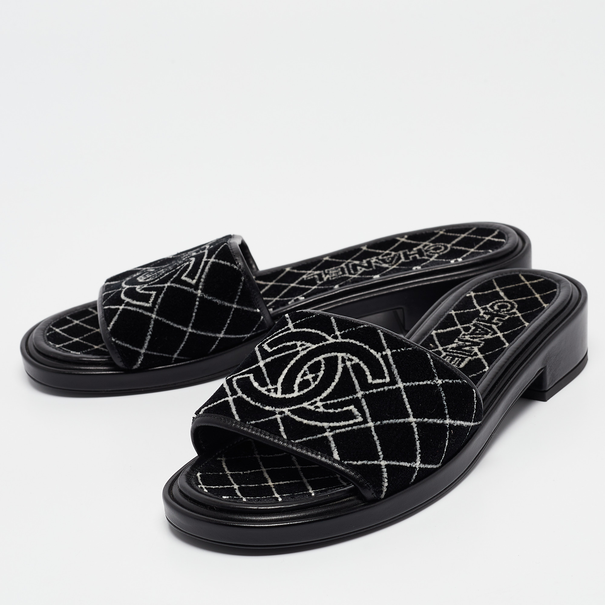 Chanel Black Velvet CC Slide Sandals Size 38