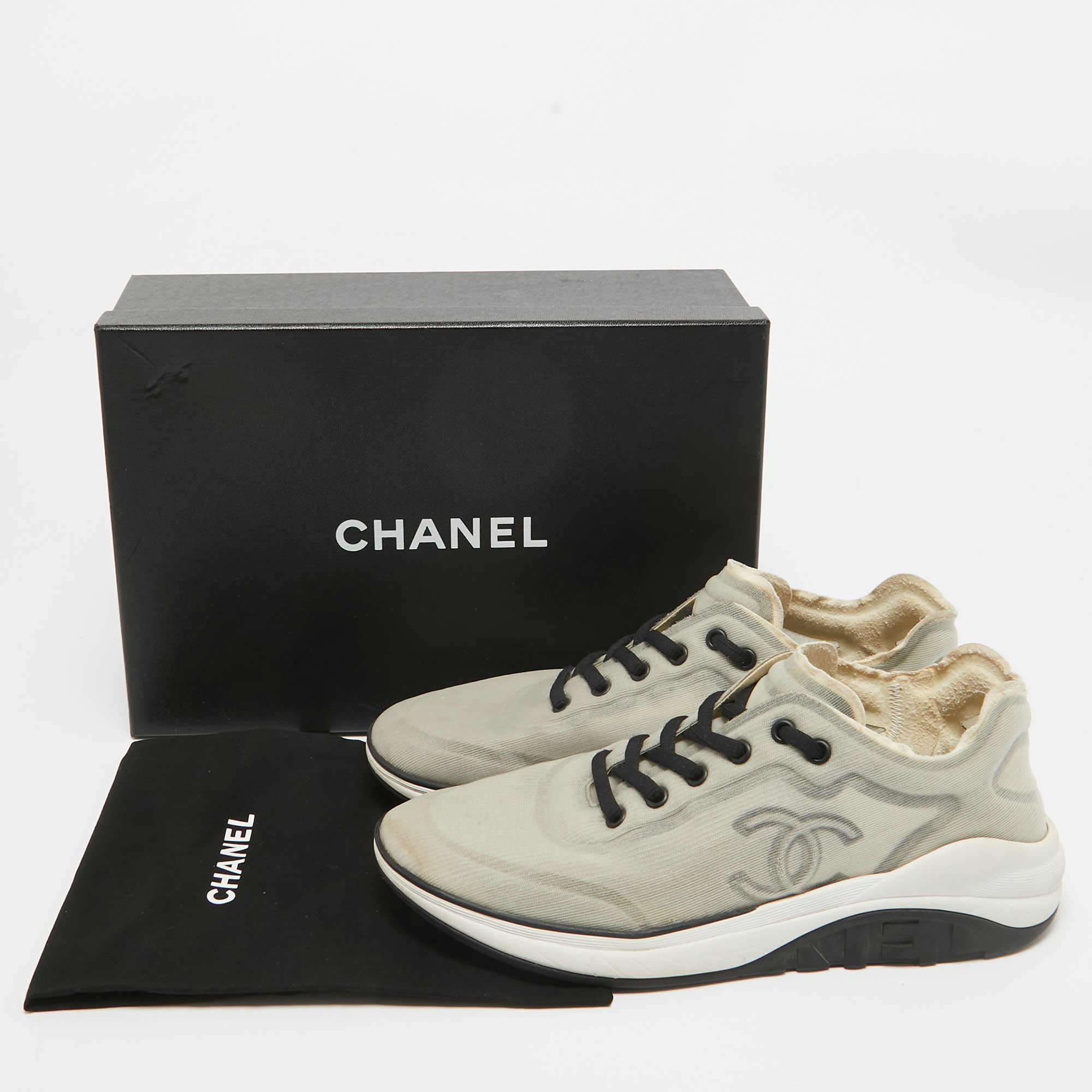 Chanel Grey Fabric And Mesh CC Lace Up Sneakers Size 40