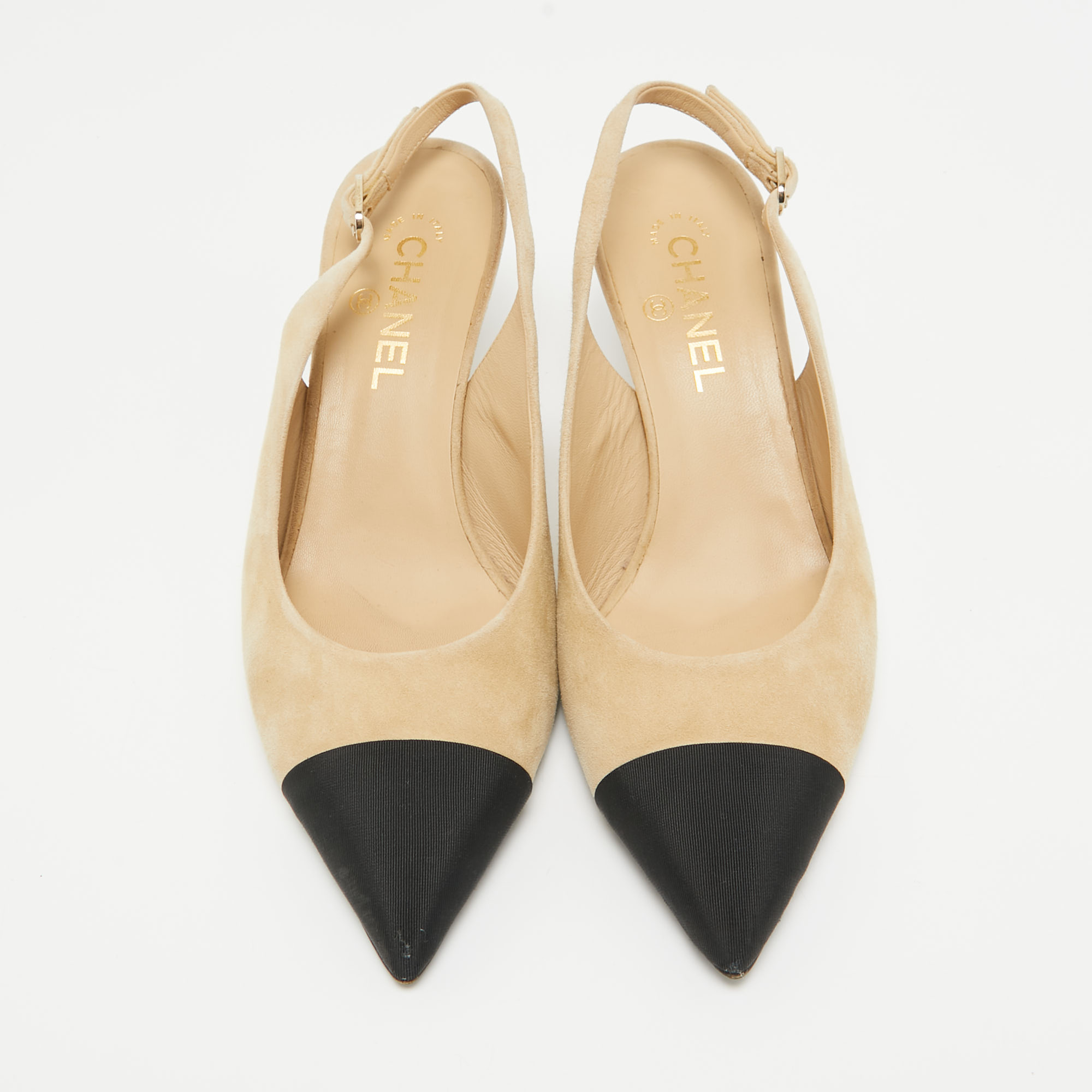 Chanel Beige/Black Leather And Suede Cap Toe Slingback Pumps Size 41