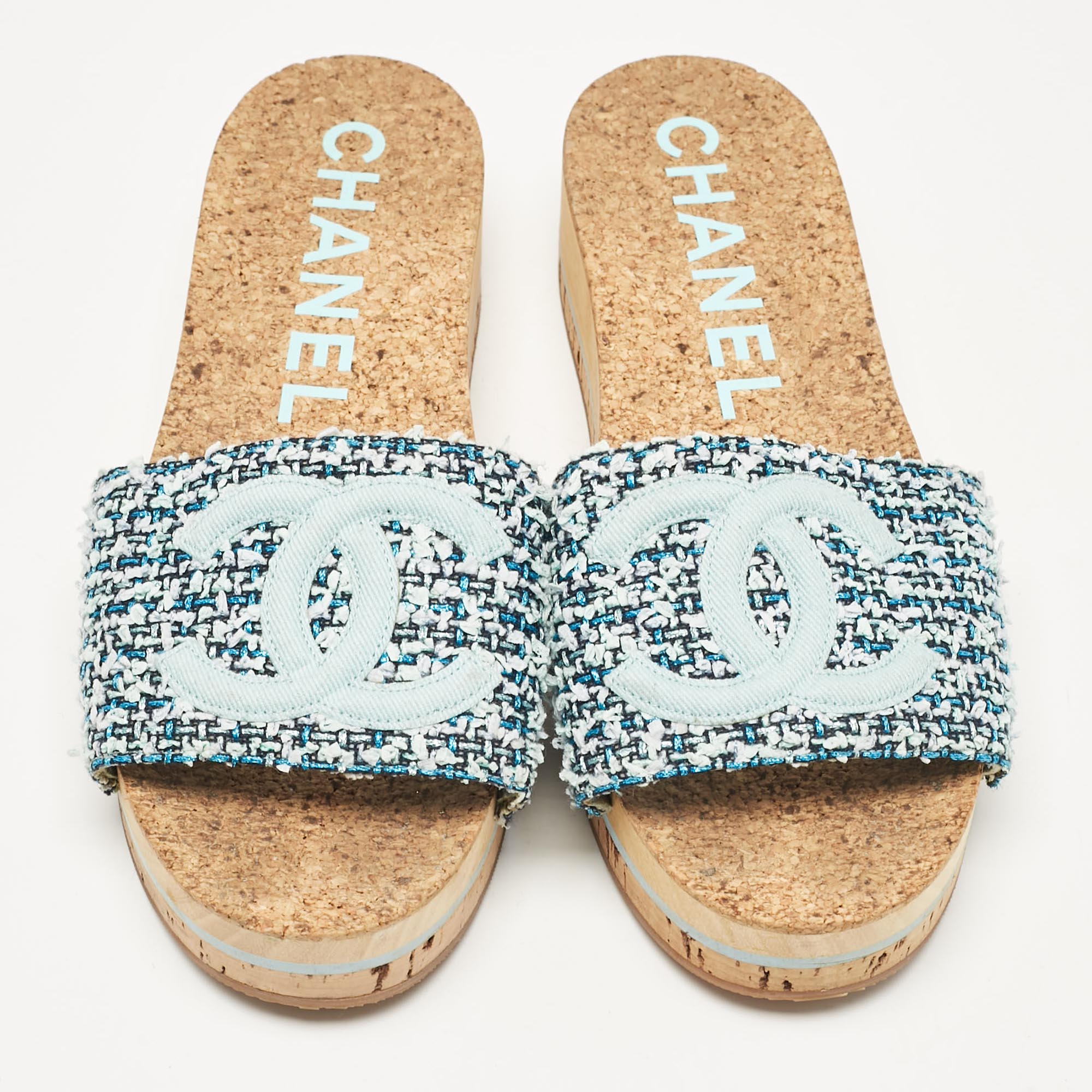 Chanel Blue Tweed CC Platform Slides Size 41