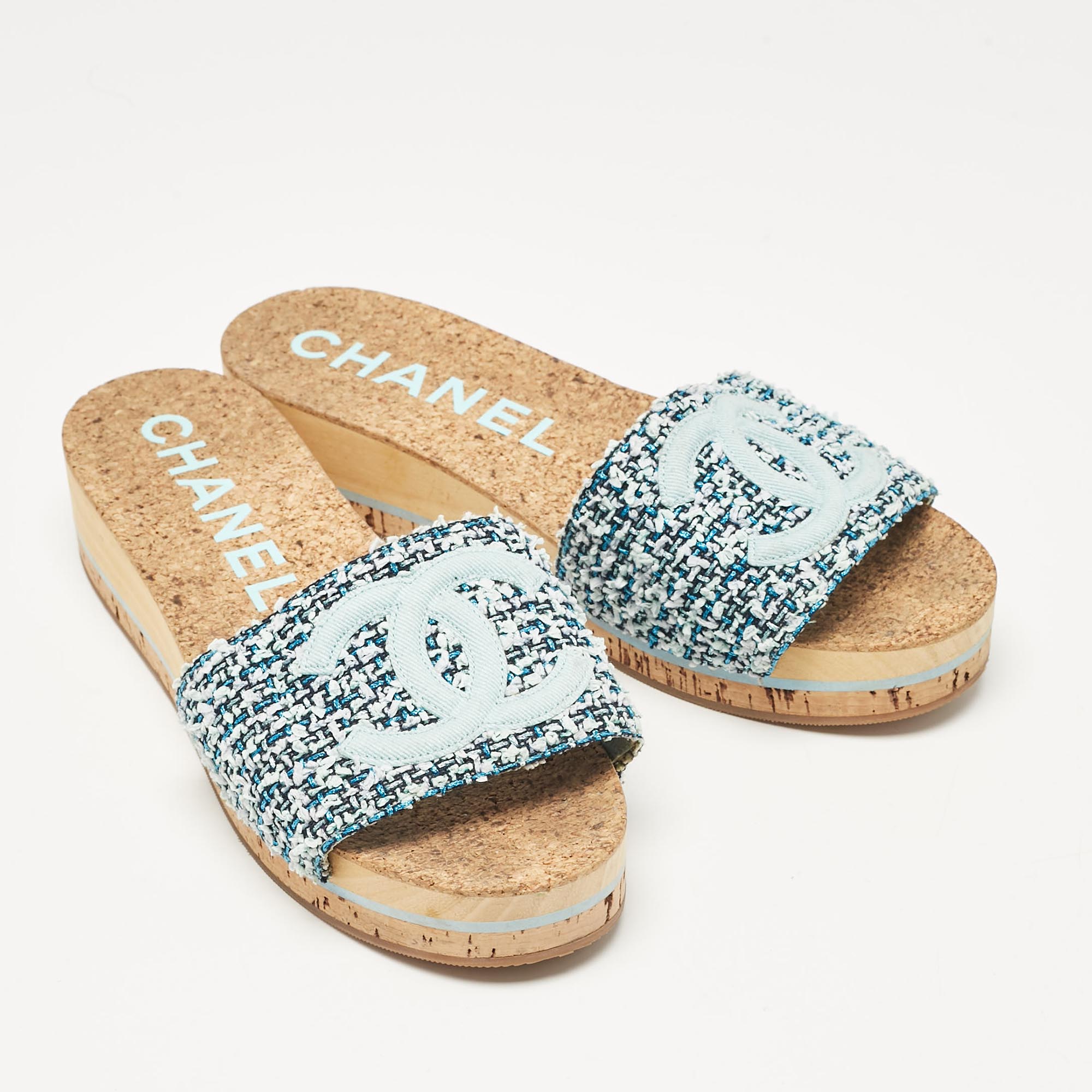 Chanel Blue Tweed CC Platform Slides Size 41