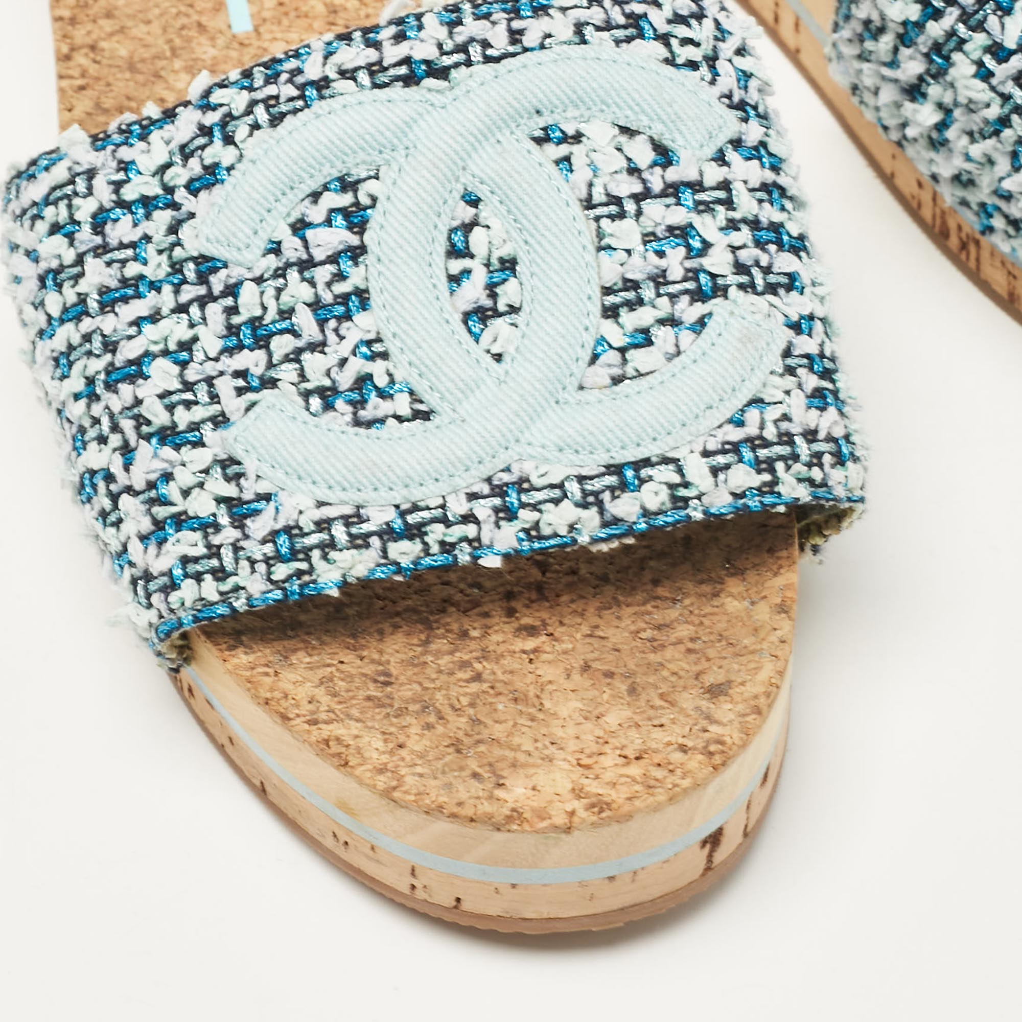 Chanel Blue Tweed CC Platform Slides Size 41