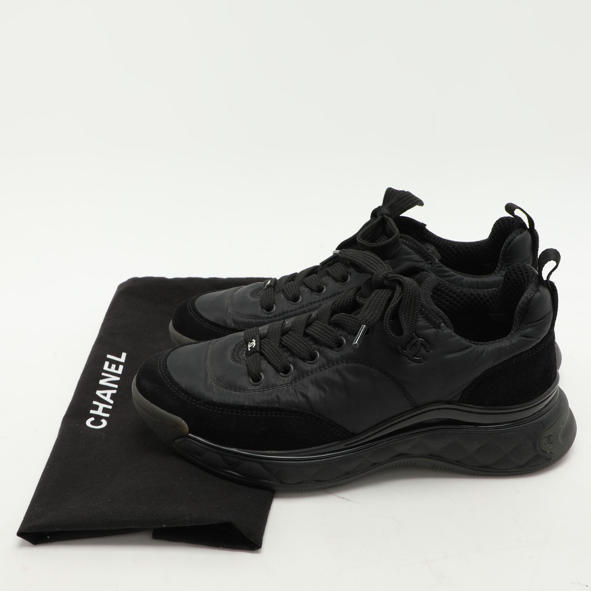 Chanel Black Nylon And Suede CC Low Top Sneakers Size 38.5