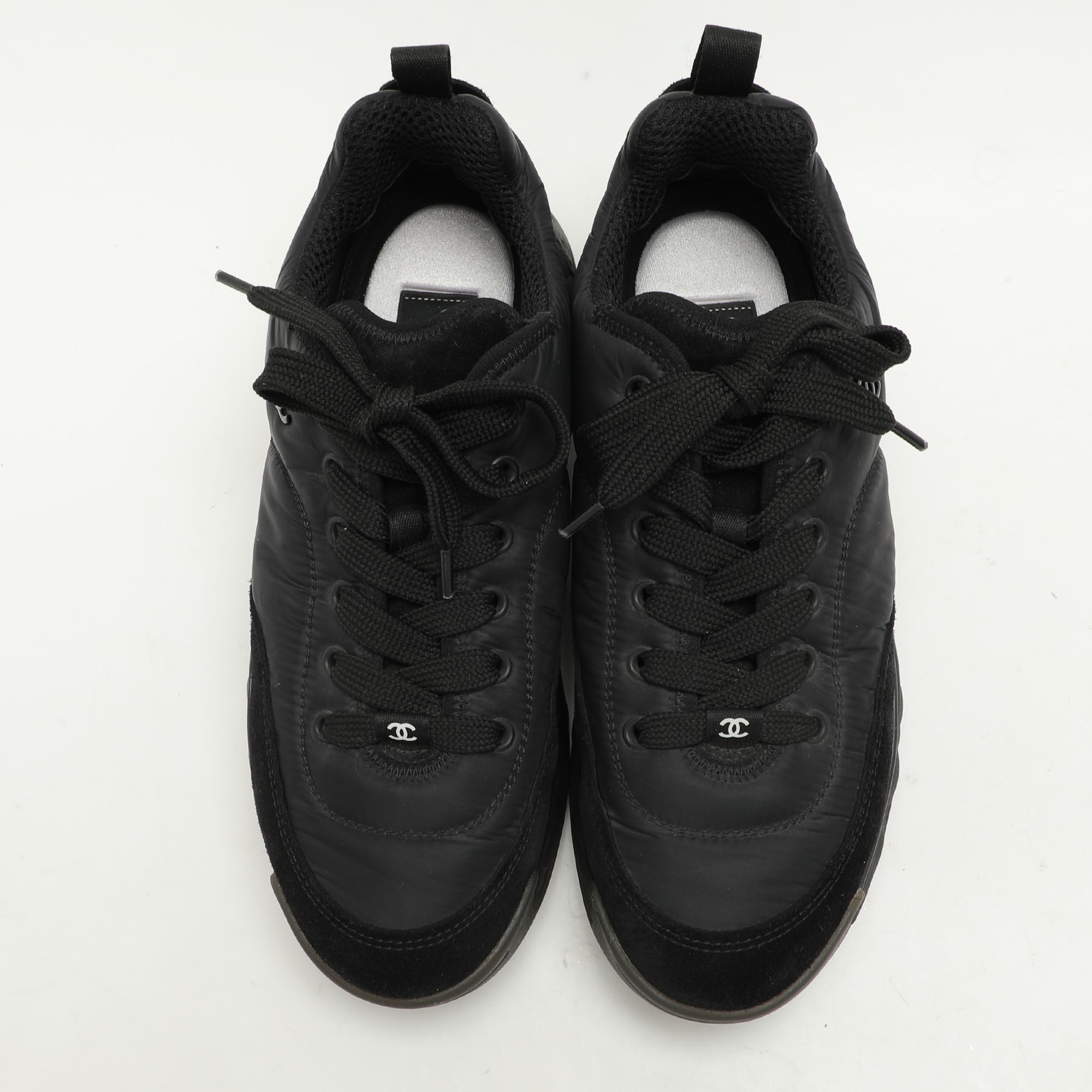 Chanel Black Nylon And Suede CC Low Top Sneakers Size 38.5