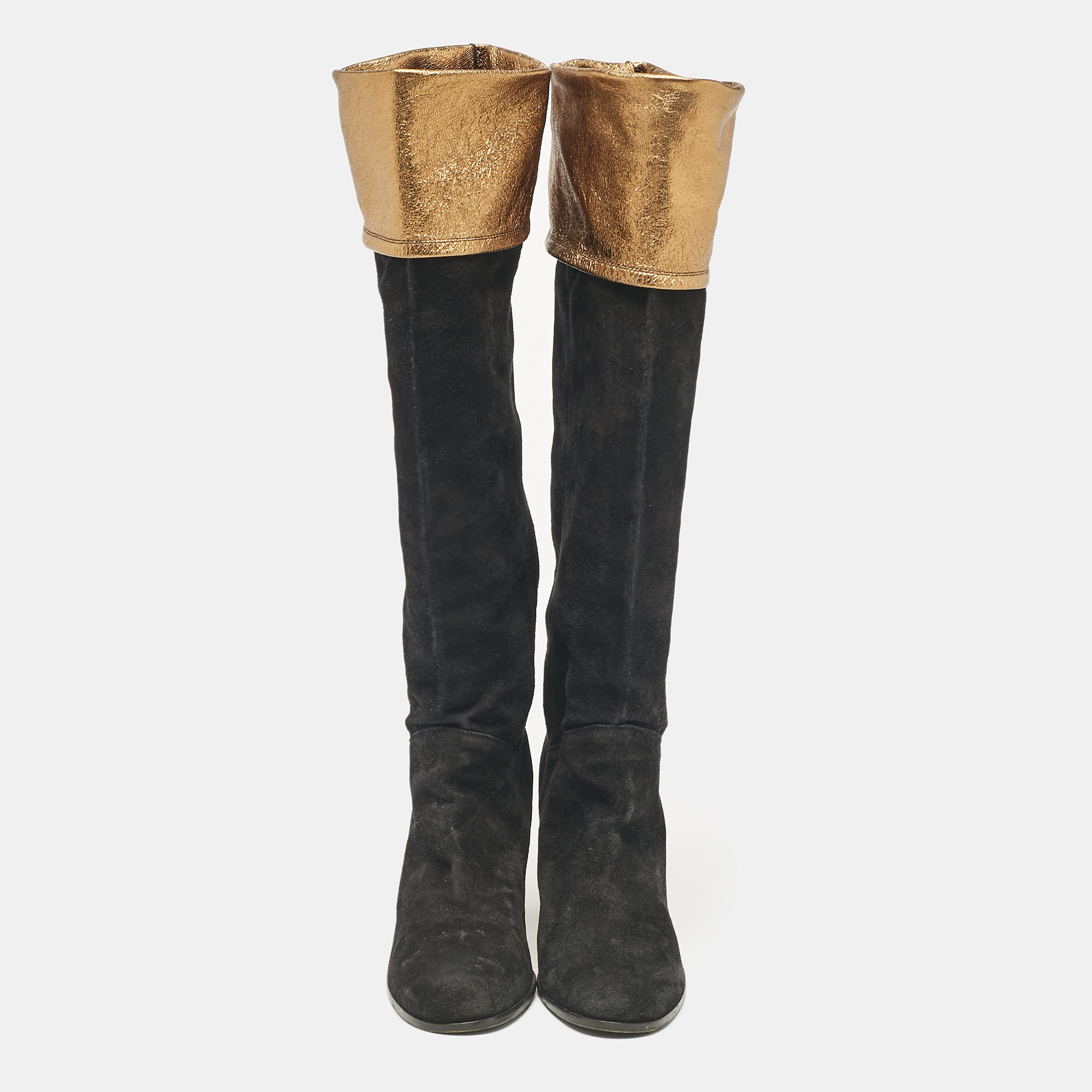 Chanel Black Suede CC Knee Length Boots Size 40.5