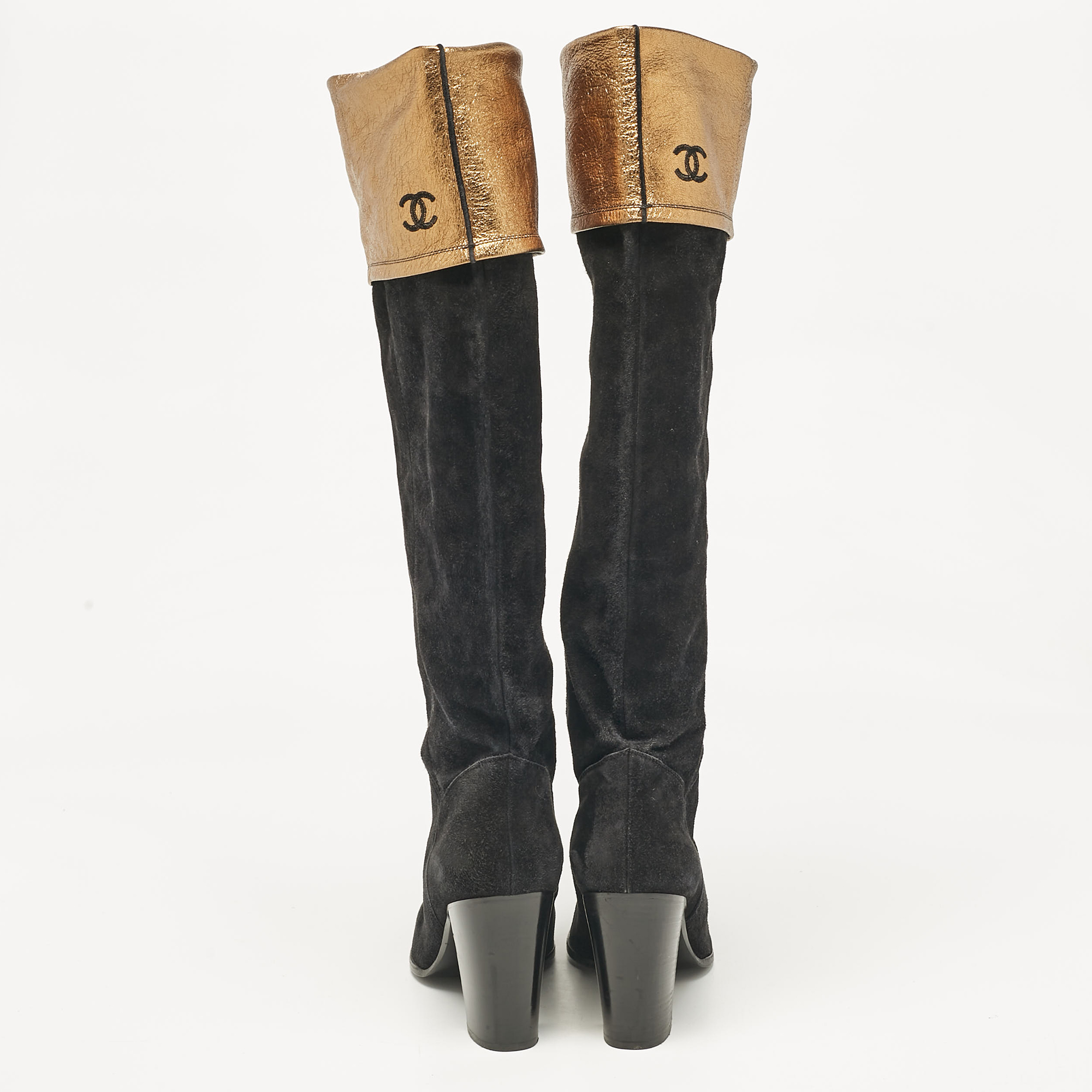 Chanel Black Suede CC Knee Length Boots Size 40.5