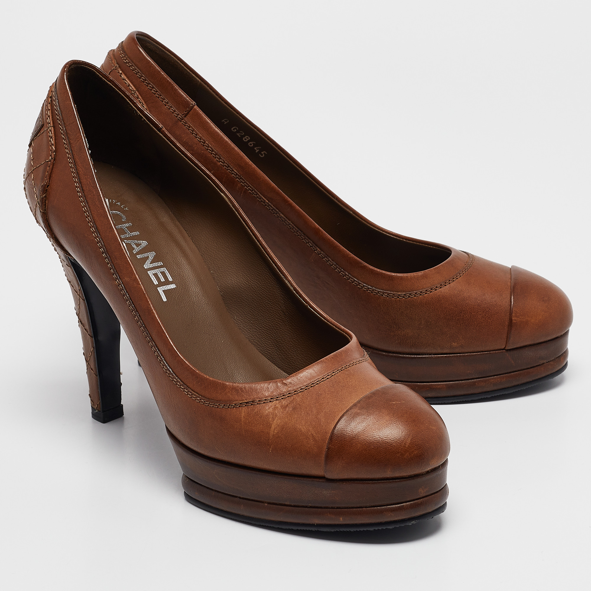 Chanel Brown Leather Platform Cap Toe Pumps Size 39