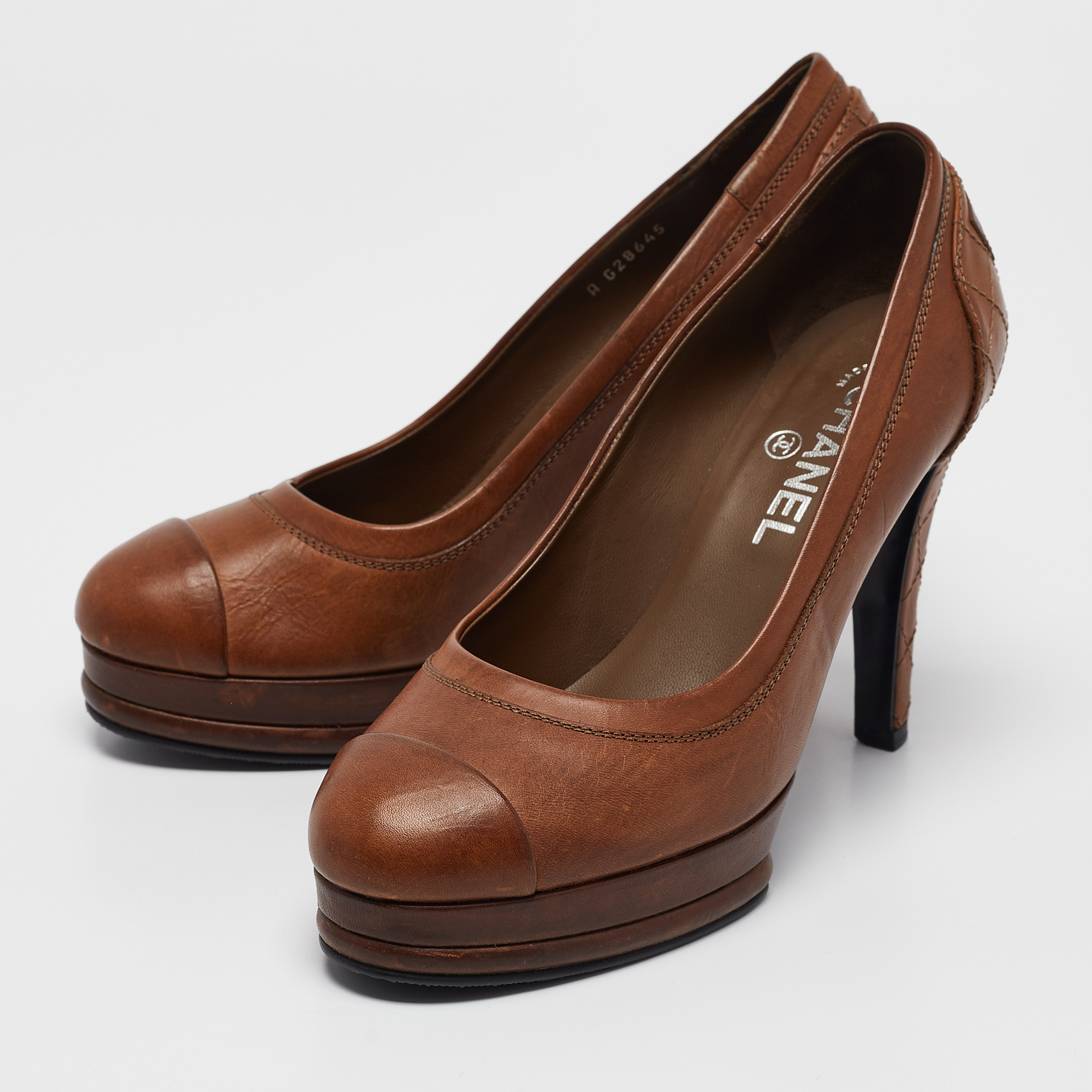 Chanel Brown Leather Platform Cap Toe Pumps Size 39