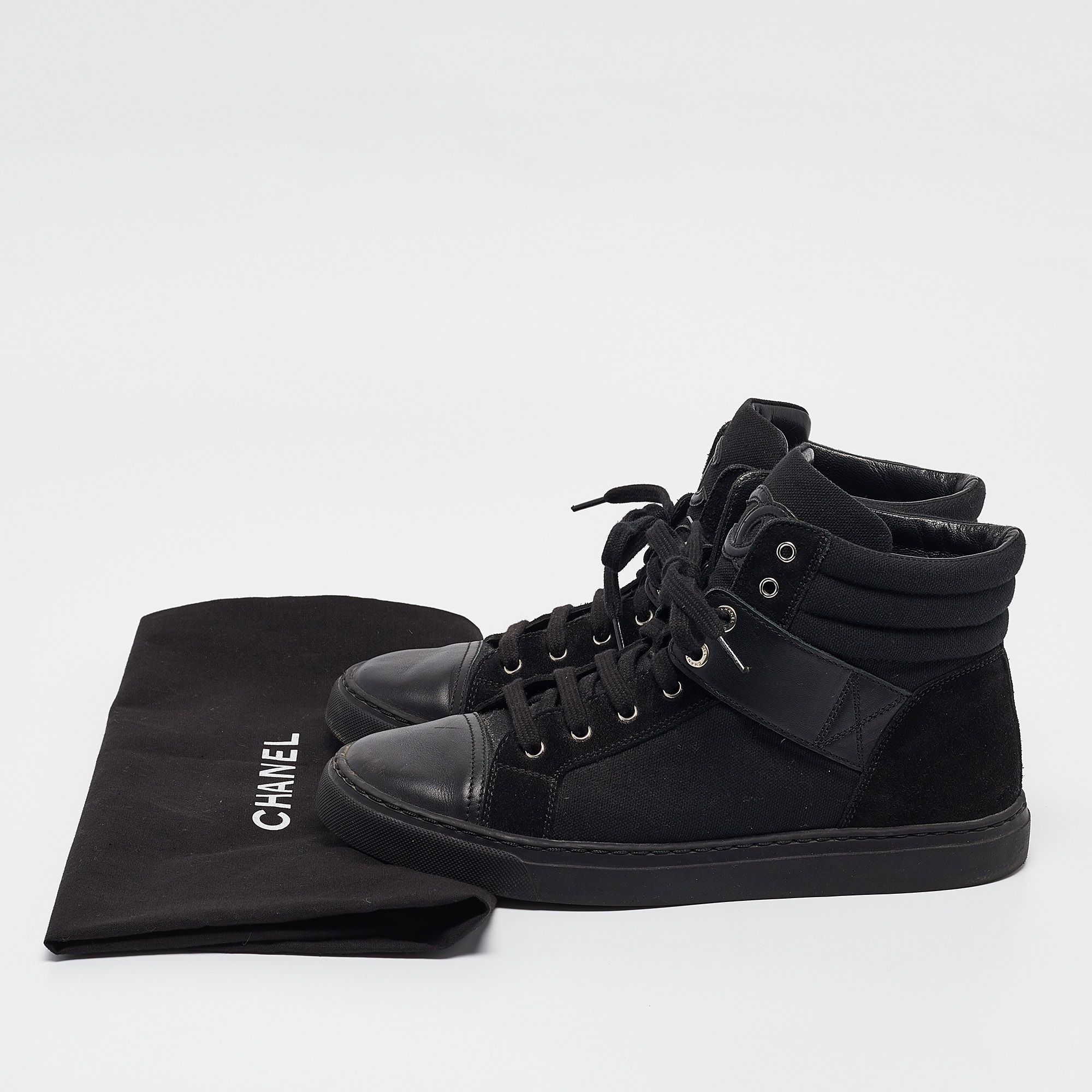 Chanel Black Canvas And Suede CC High Top Sneakers Size 37