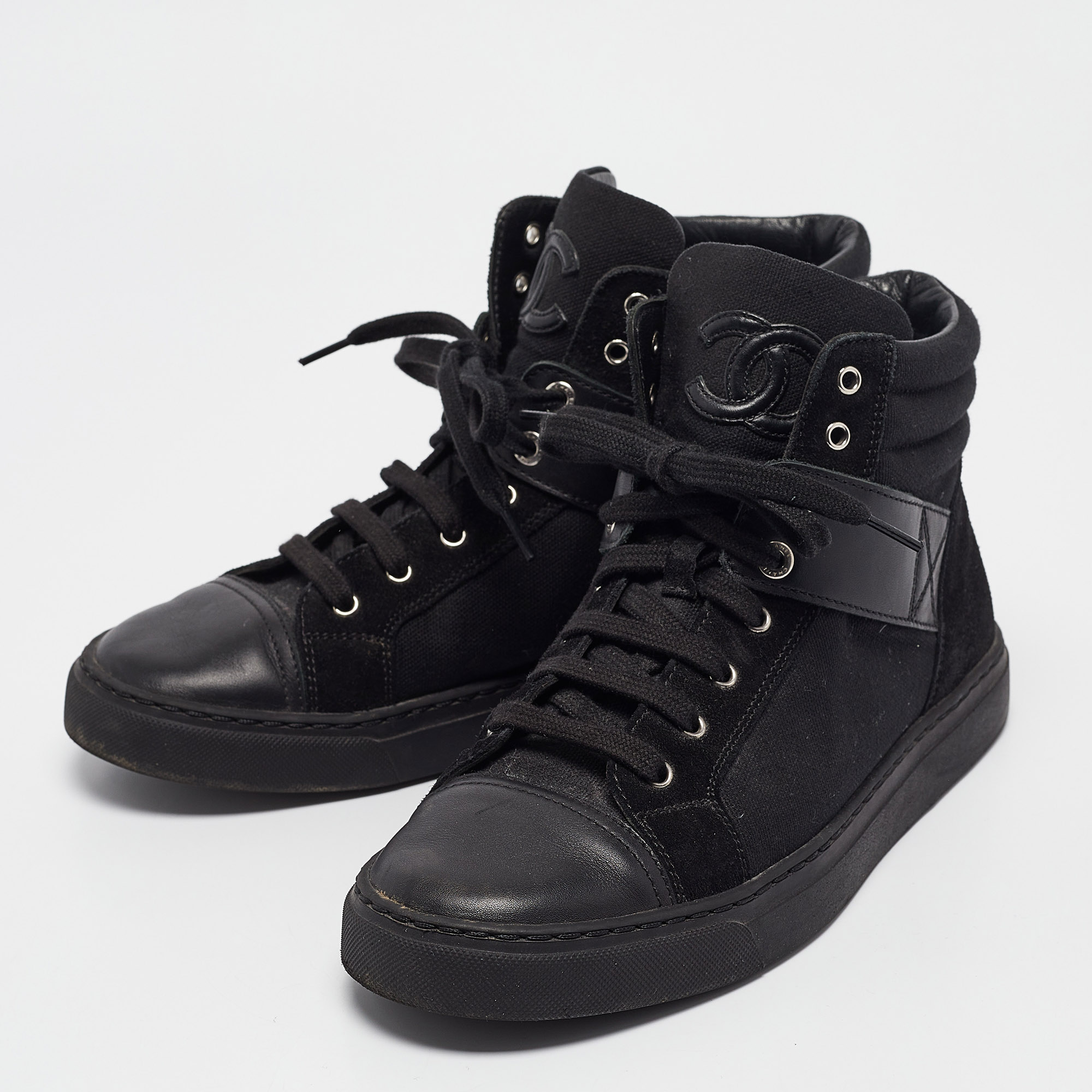 Chanel Black Canvas And Suede CC High Top Sneakers Size 37