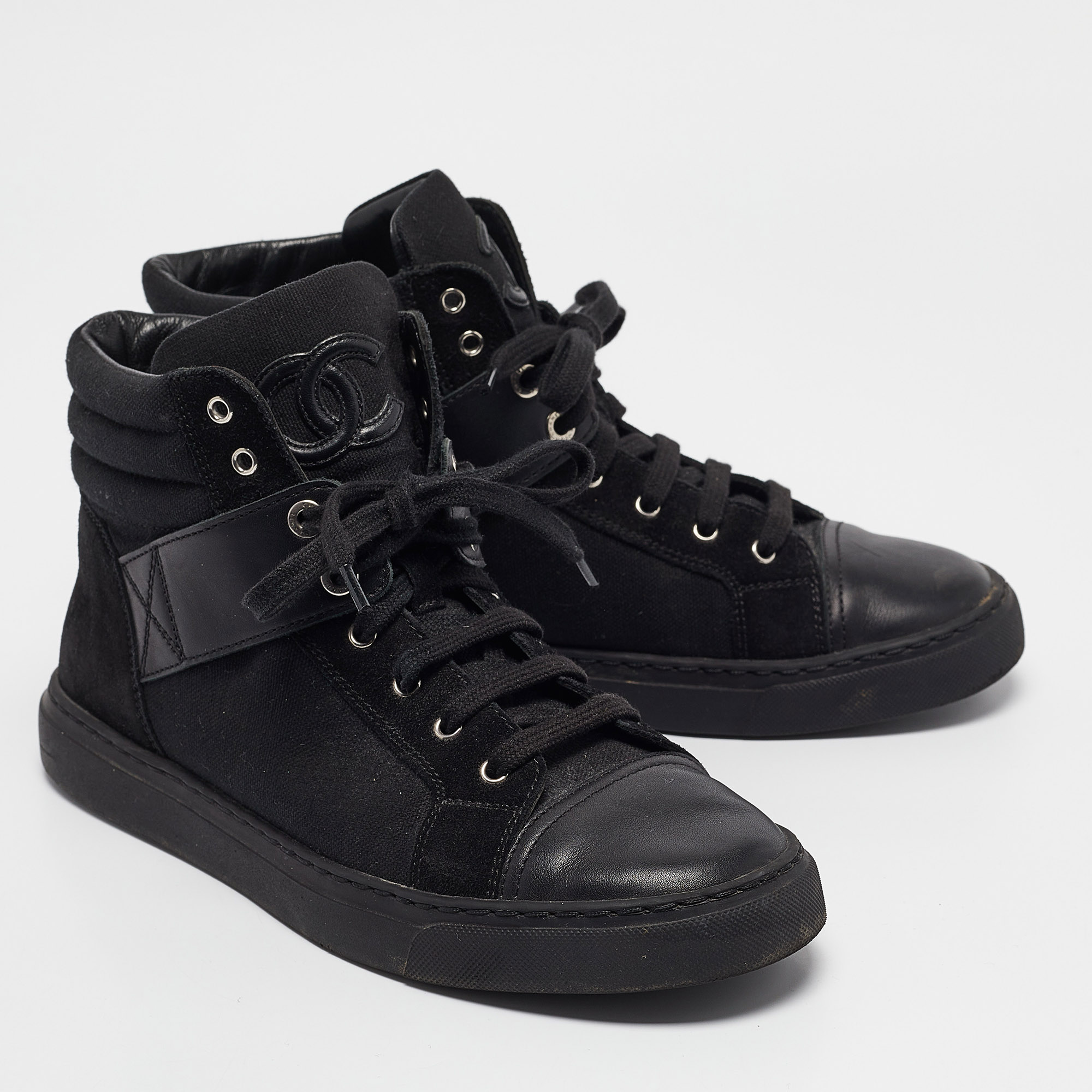 Chanel Black Canvas And Suede CC High Top Sneakers Size 37