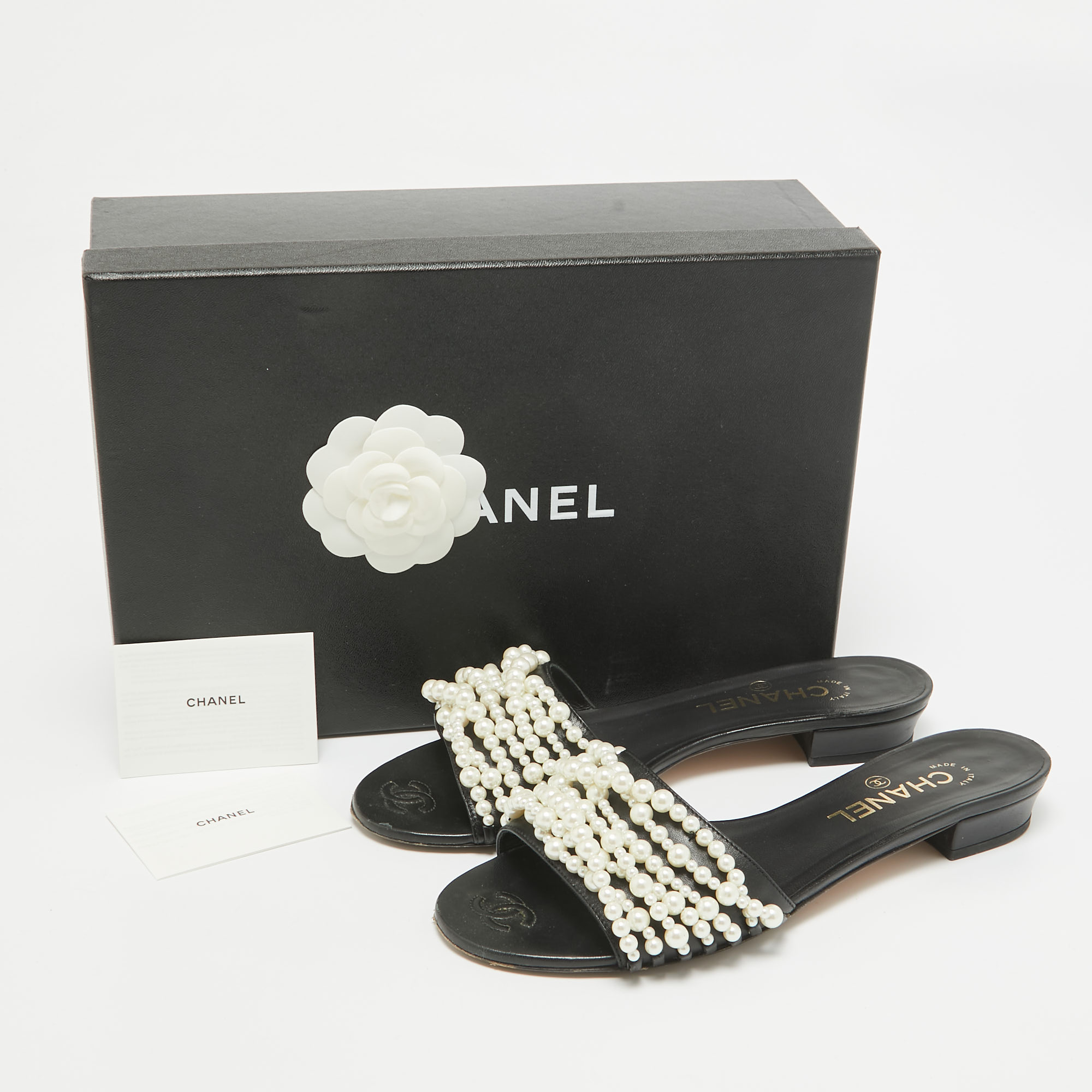 Chanel Black Leather Pearl Embellished CC Slide Sandals Size 38.5