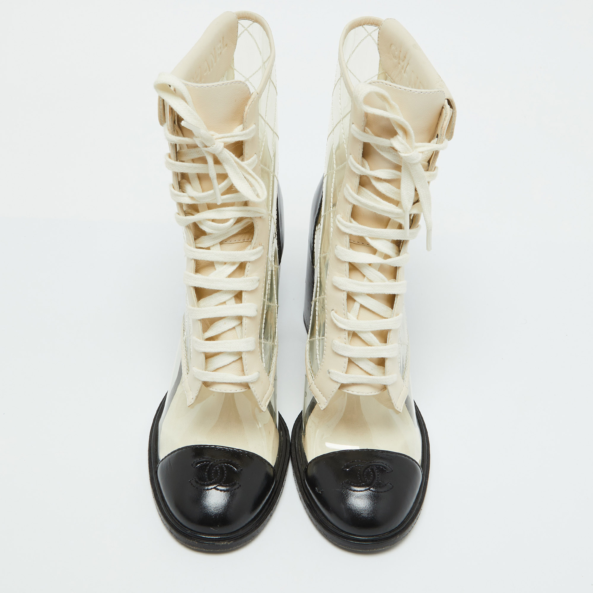 Chanel Black/White PVC And Leather CC Pocket Lace Up Ankle Boots Size 39