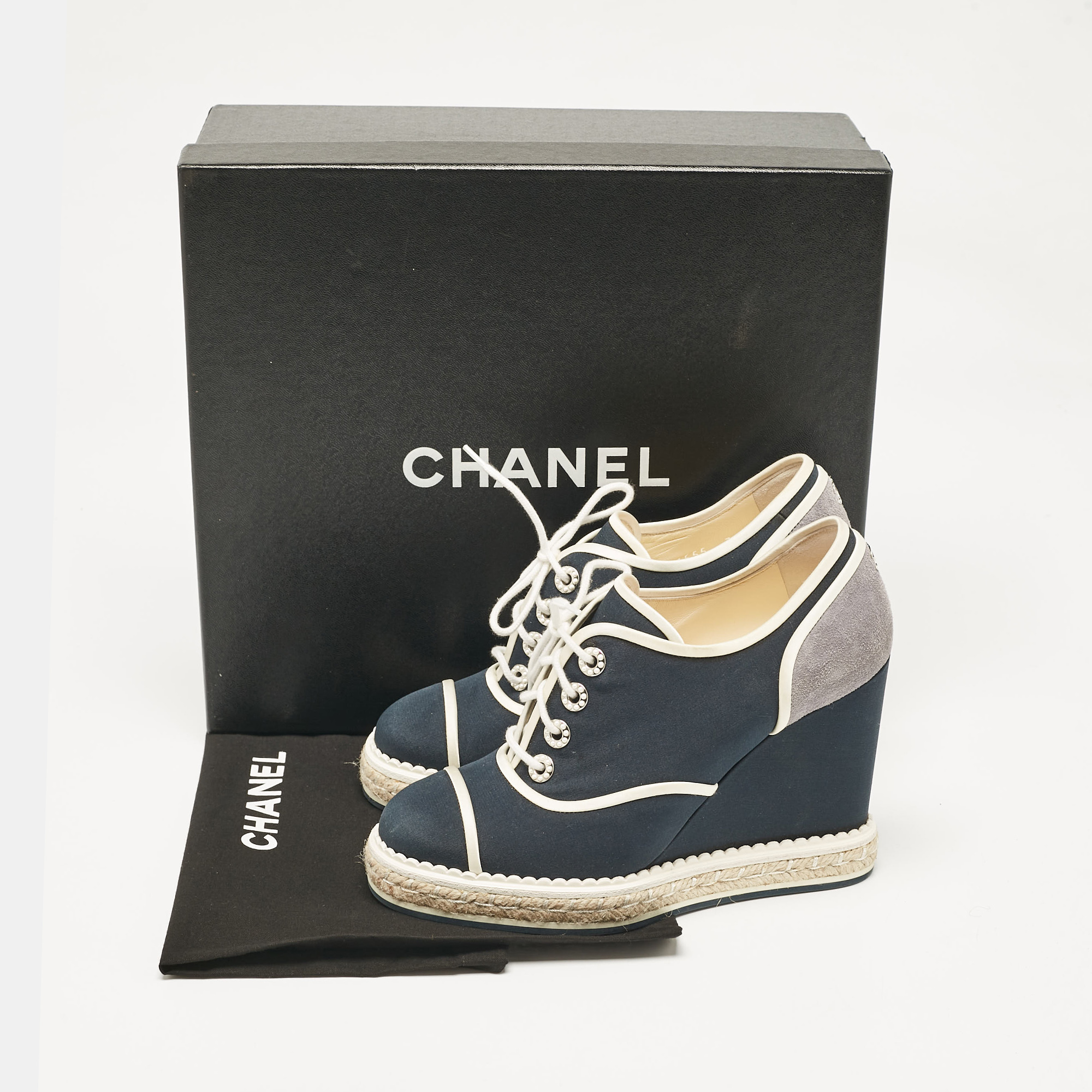 Chanel Blue/Grey Fabric And Suede Wedge Sneakers Size 37