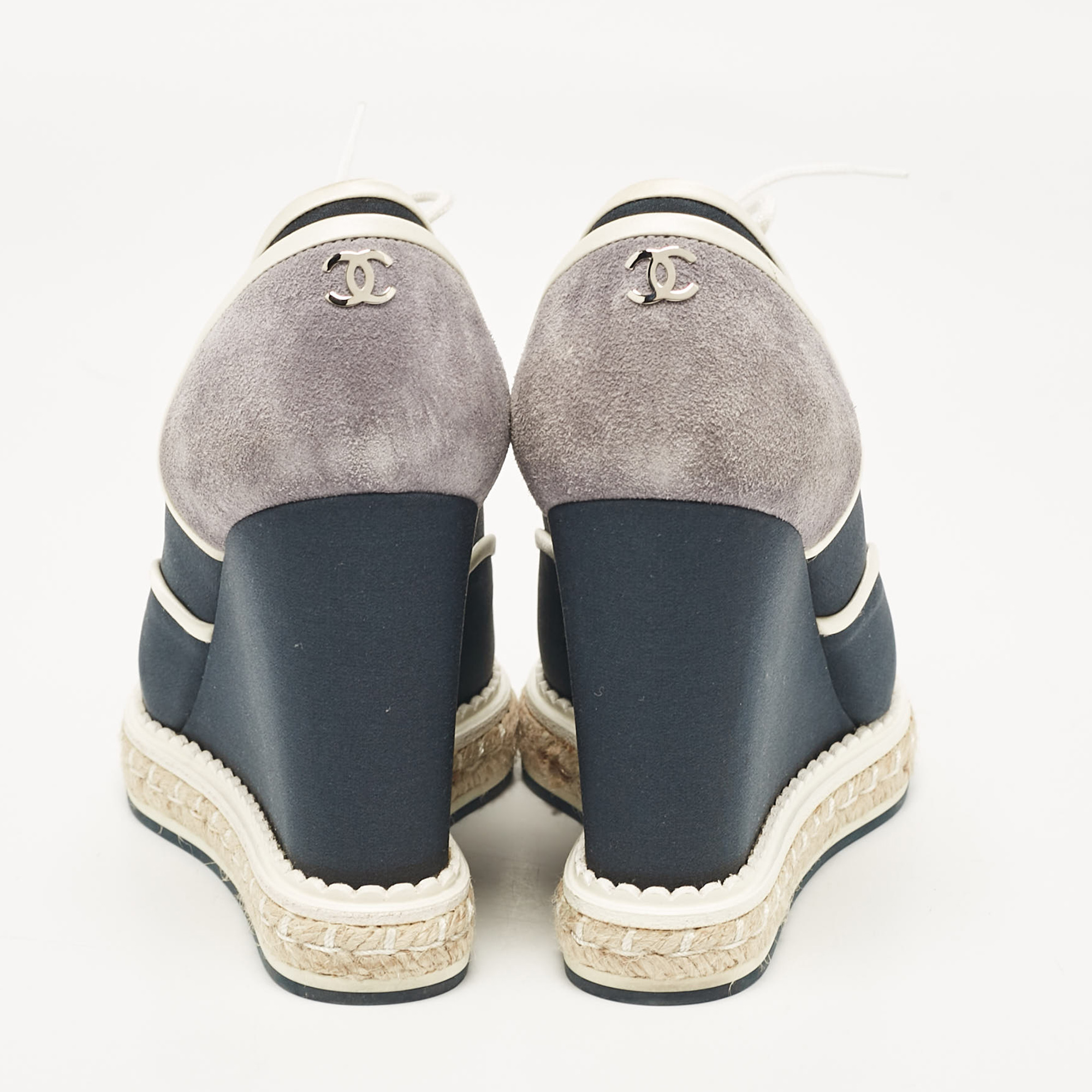 Chanel Blue/Grey Fabric And Suede Wedge Sneakers Size 37