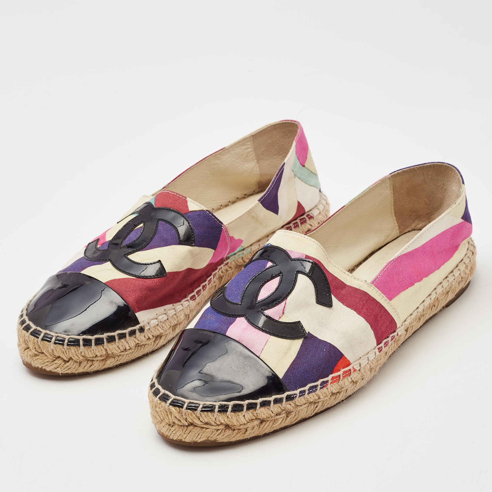 Chanel Multicolor Fabric And Patent Leather Cap Toe Espadrille Flats Size 39