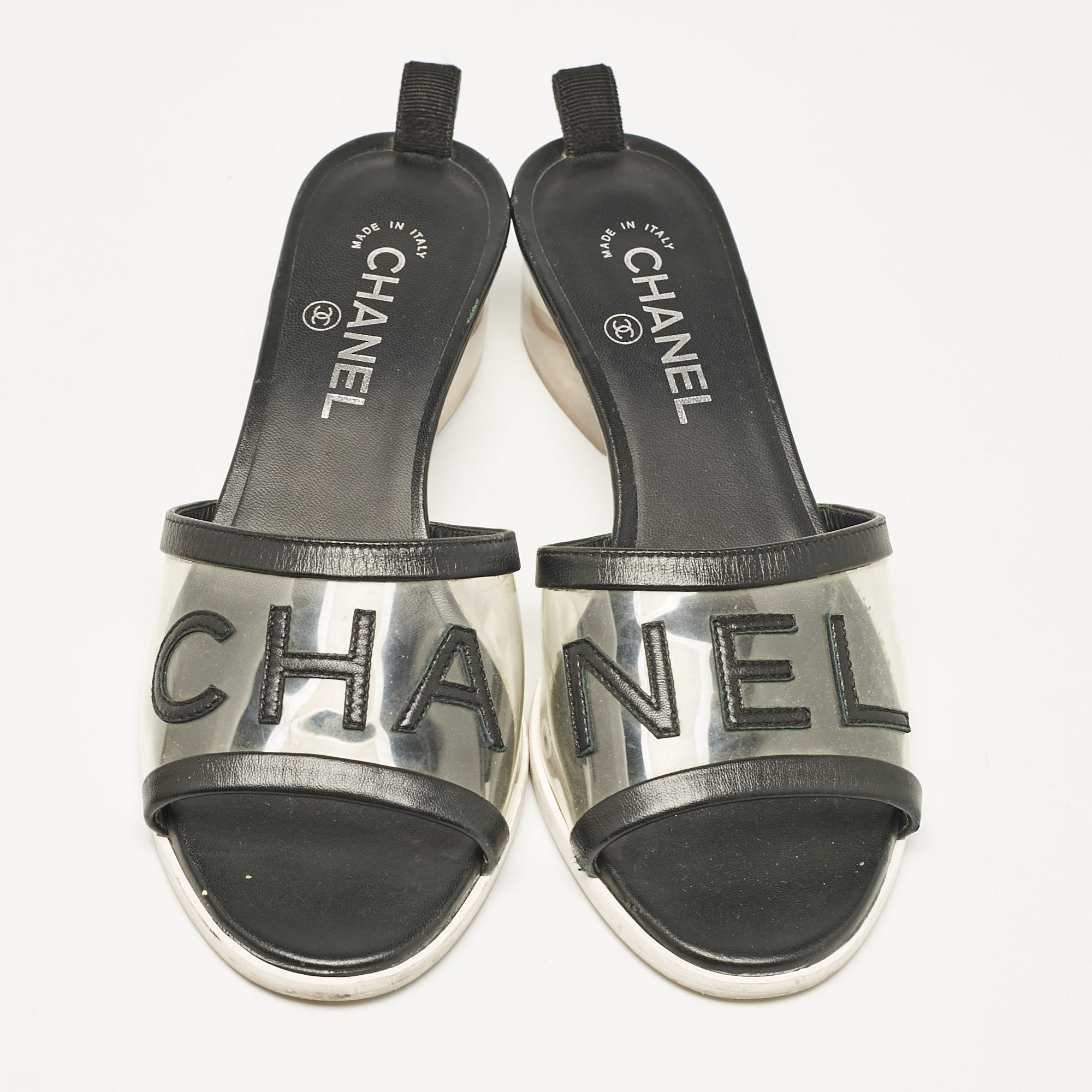 Chanel Black Leather And PVC Logo Block Heel Slide Sandals Size 39