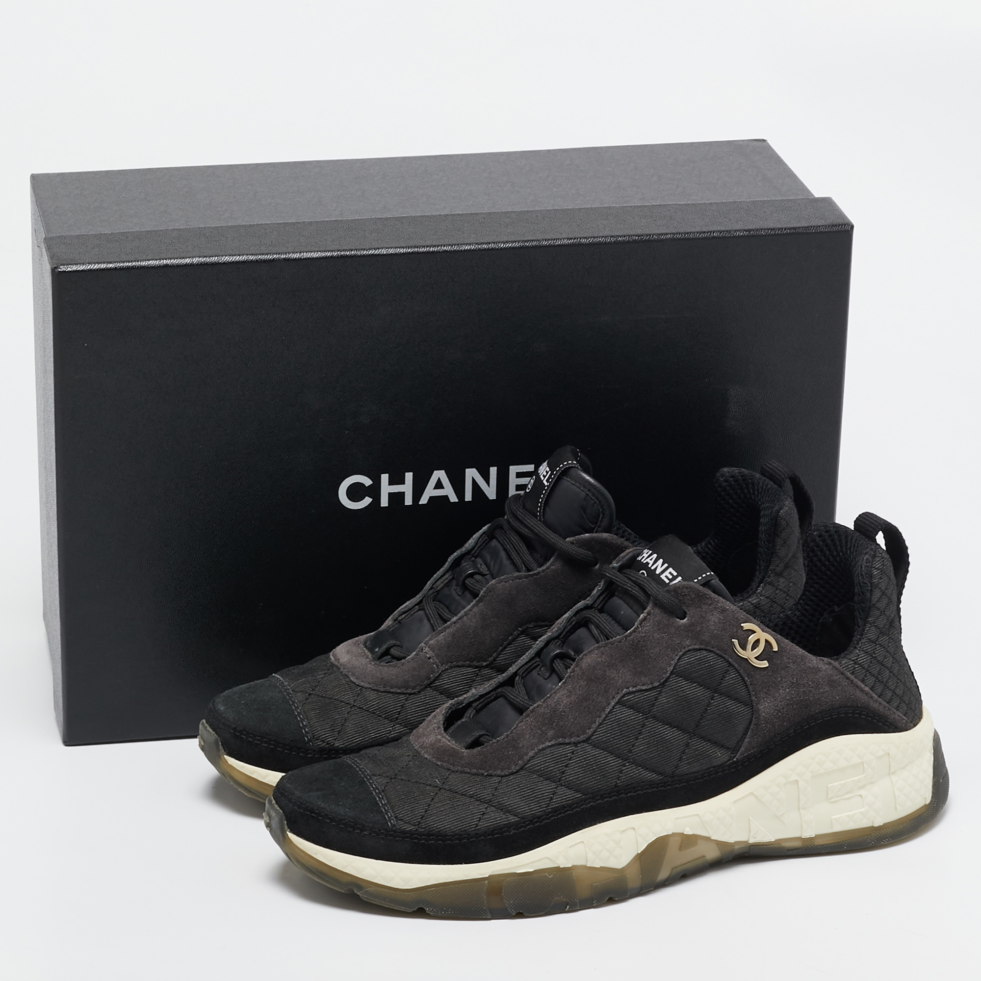 Chanel Grey/Black Mesh And Suede CC Low Top Sneakers Size 40