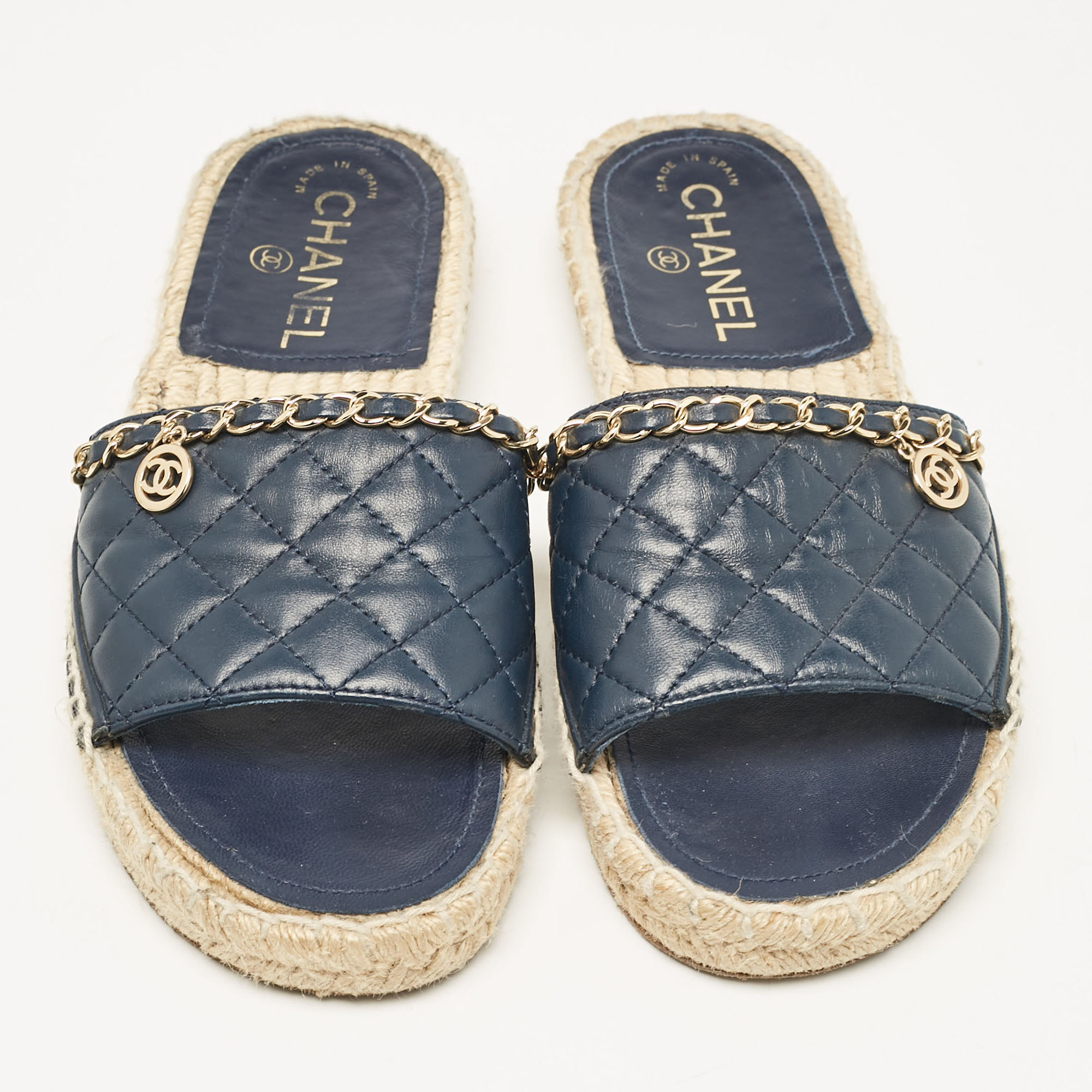 Chanel Navy Blue Quilted Leather CC Chain Link Espadrille Slides Size 37