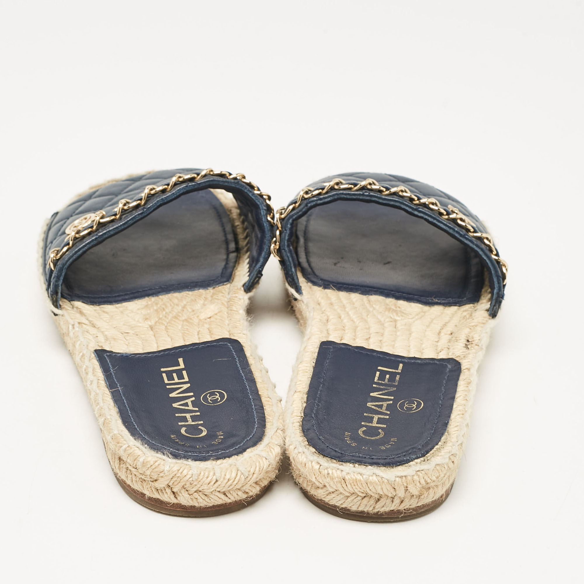 Chanel Navy Blue Quilted Leather CC Chain Link Espadrille Slides Size 37