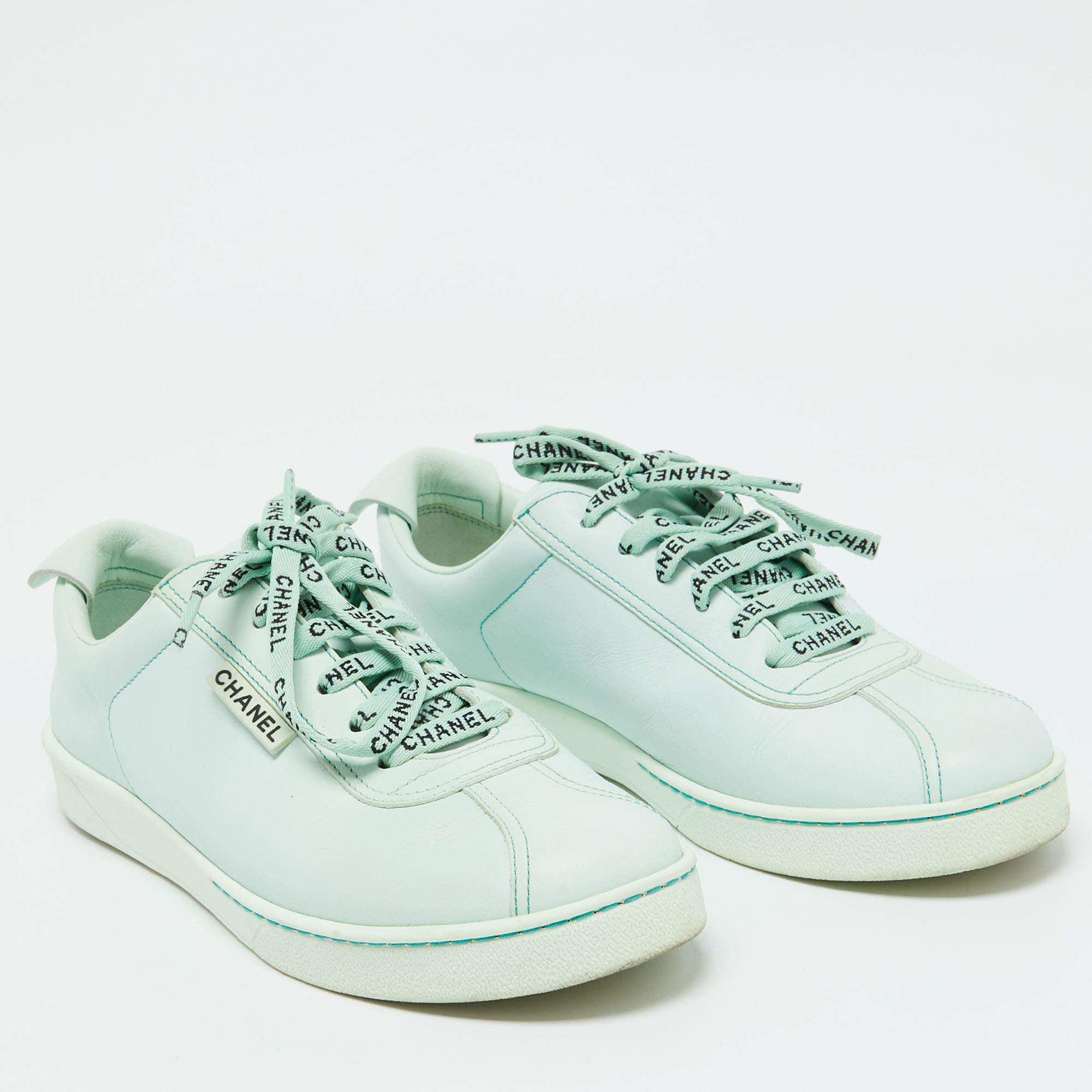 Chanel Pastel Green Leather CC Low Top Sneakers Size 39