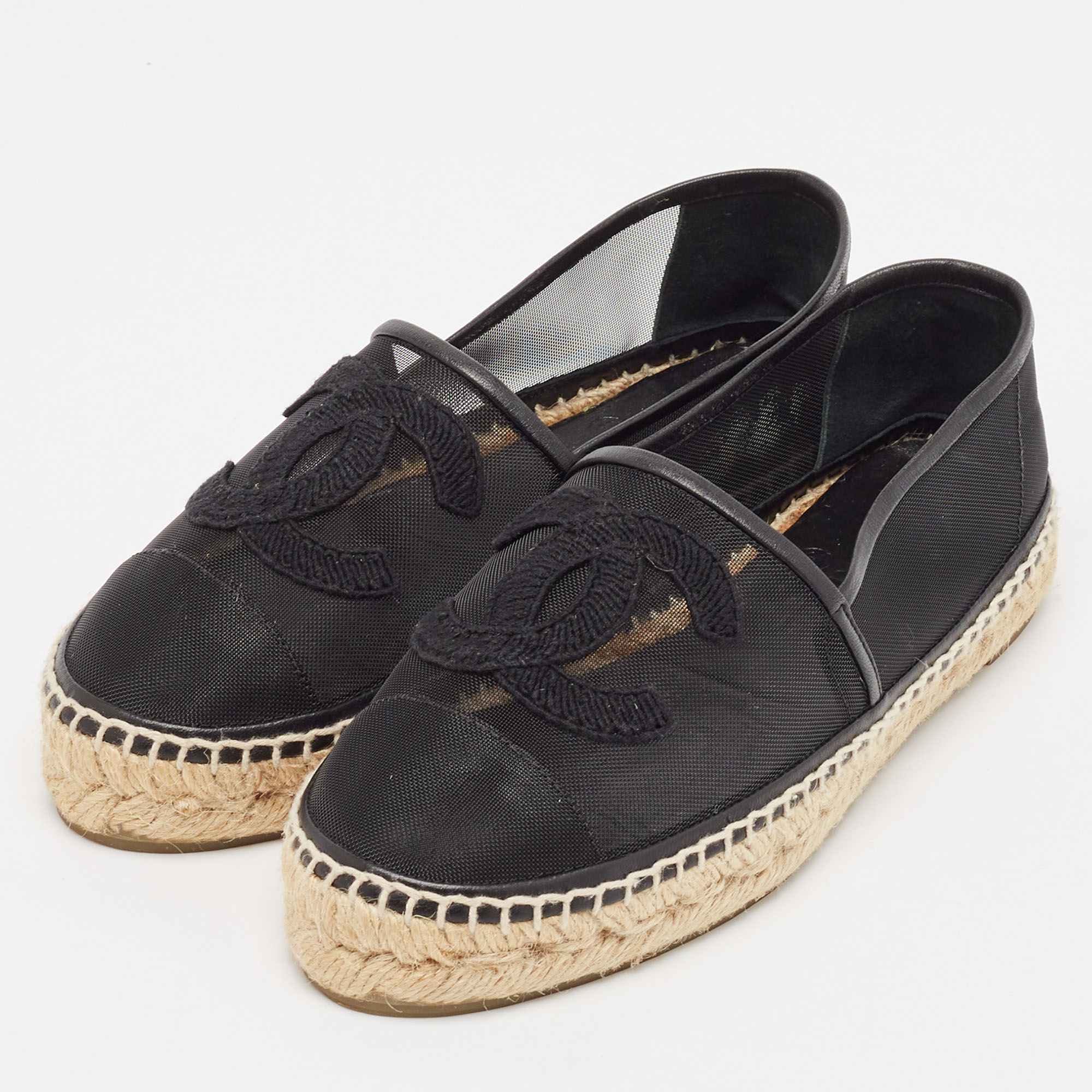 Chanel Black Mesh And Leather CC Espadrille Flats Size 36