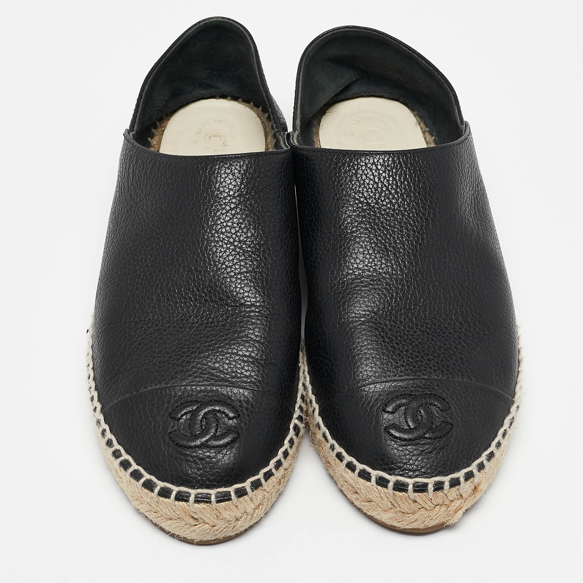 Chanel Black Leather CC Espadrille Flats Size 38