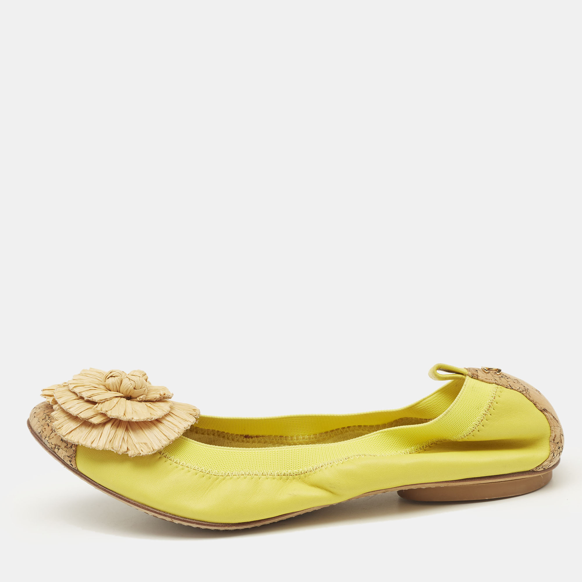 Chanel Yellow/Brown Cork and Leather Ballet Flats Size 39