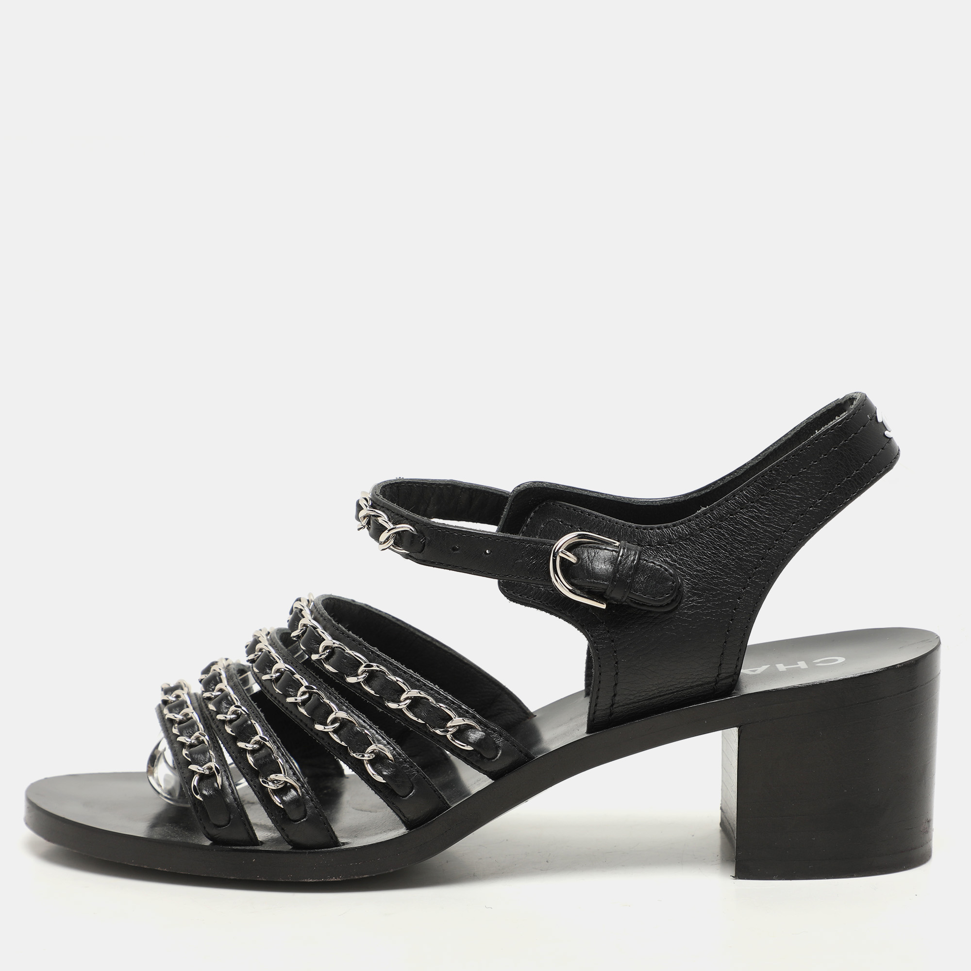 Chanel Black Leather CC Chain Detail Ankle Strap Sandals Size 37
Chanel Black Leather CC Chain Detail Ankle Strap Sandals Size 37