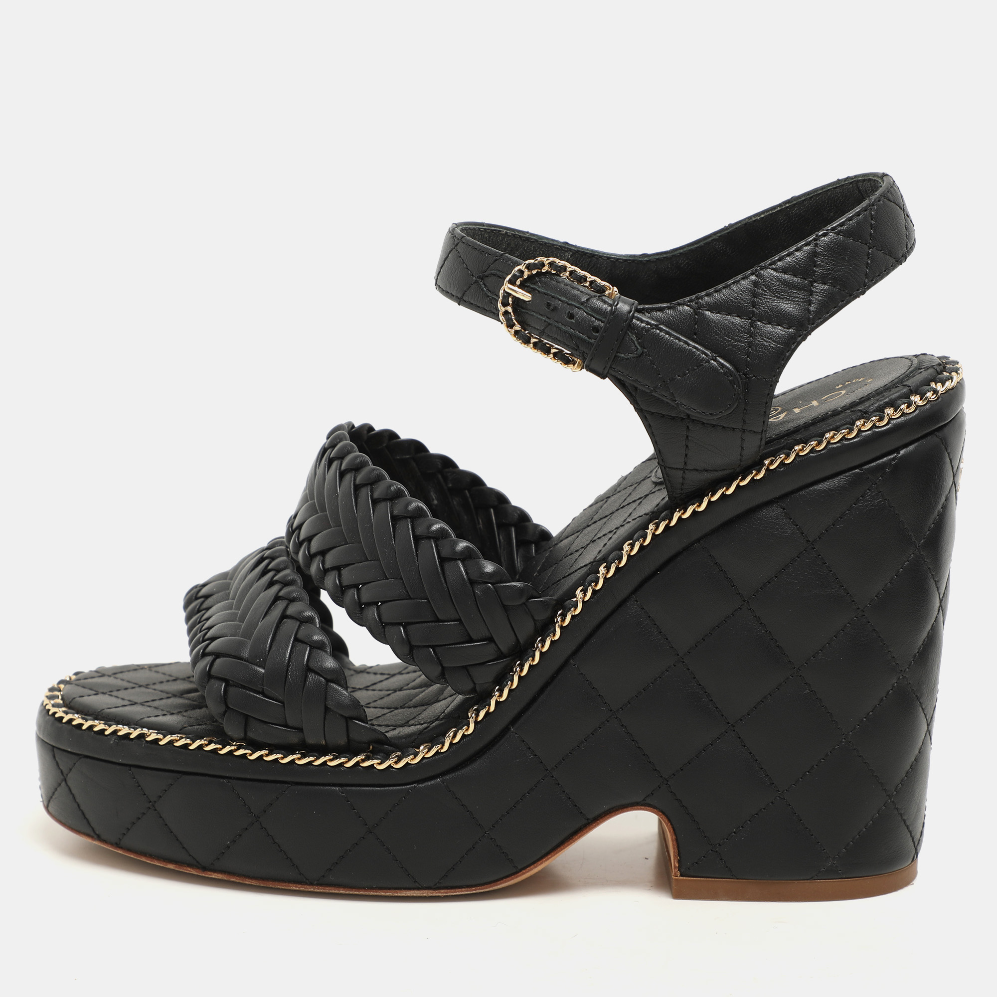 Chanel Black Leather CC Chain Link Detail Wedge Platform Sandals Size
Chanel Black Leather CC Chain Link Detail Wedge Platform Sandals Size