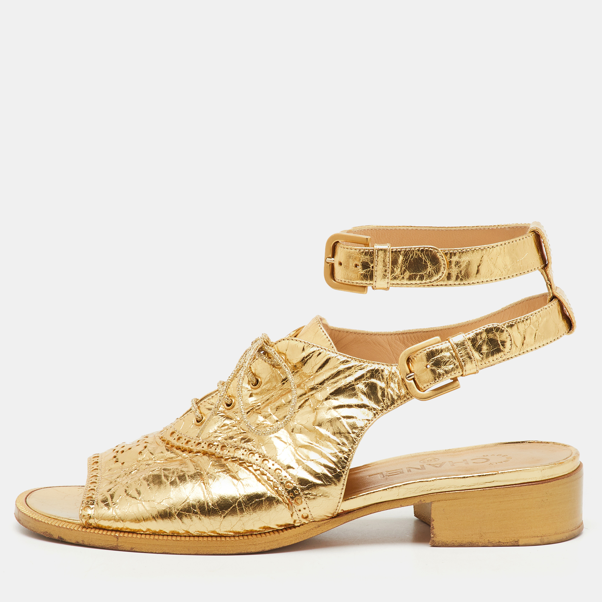 Chanel Gold Leather Brogue Lace Up Oxford Open Toe Ankle Strap Sandals Size
Chanel Gold Leather Brogue Lace Up Oxford Open Toe Ankle Strap Sandals Size