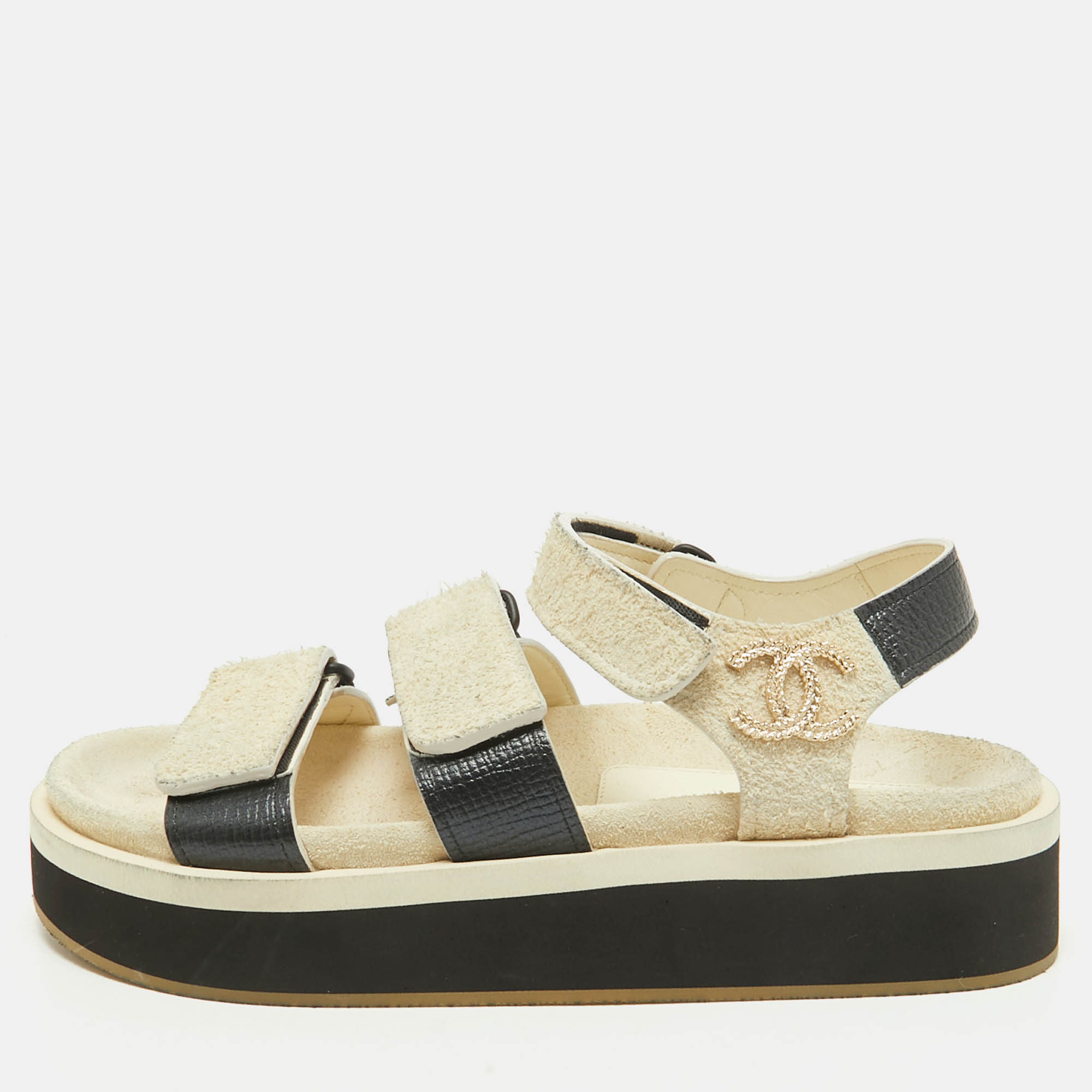 Chanel Black/Off White Leather and Suede Dad Flat Sandals Size
Chanel Black/Off White Leather and Suede Dad Flat Sandals Size