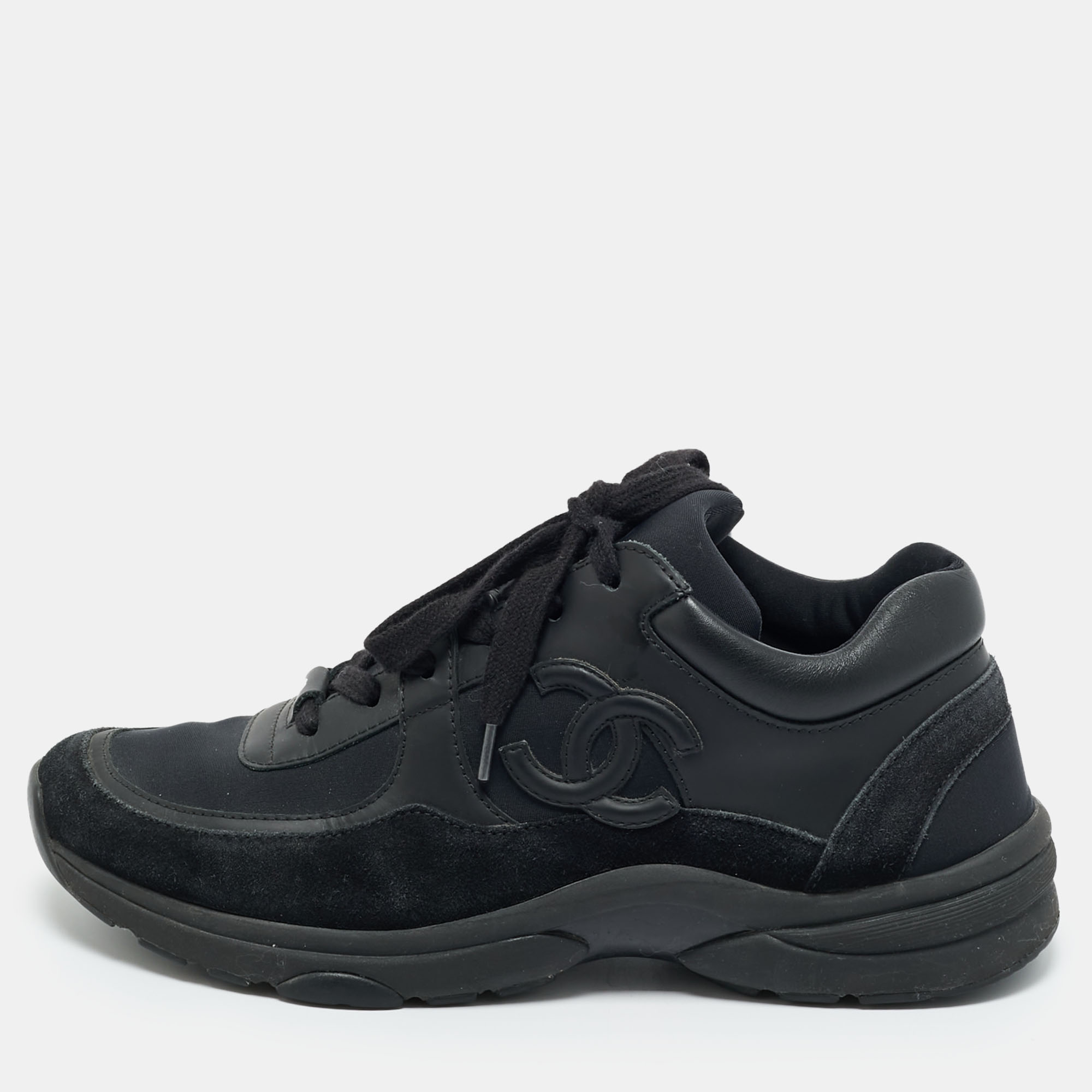 Chanel Black/Navy Blue Fabric and Leather CC Low Top Sneakers Size 39 - Chanel - Modalova