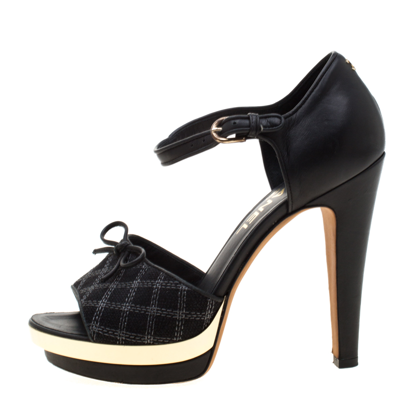 Chanel Black Leather And Canvas Bow Open Toe Platform Ankle Strap Sandals Size 
Chanel Black Leather And Canvas Bow Open Toe Platform Ankle Strap Sandals Size