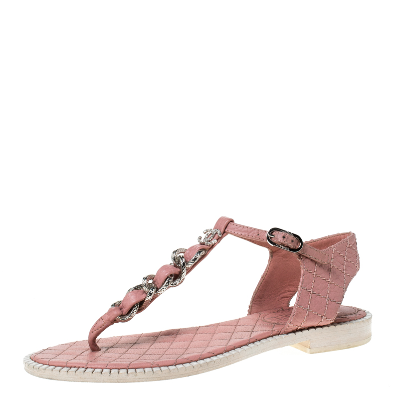 Chanel Light Pink Leather Chain Detail CC Thong Flat Sandals Size 37