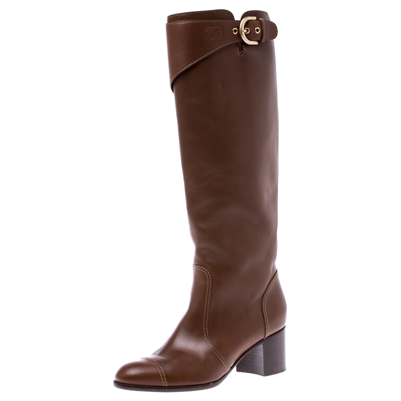 Image of Chanel Brown Leather Cap Toe Block Heel High Boots Size