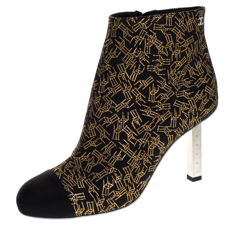 Image of Chanel Black/Gold Printed Fabric Cap Toe Ankle Boots Size .