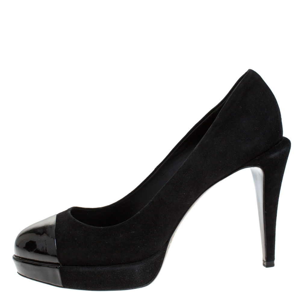 Chanel Dark Black Suede and Black Patent Leather Cap Toe Platform Pumps Size
Chanel Dark Black Suede and Black Patent Leather Cap Toe Platform Pumps Size